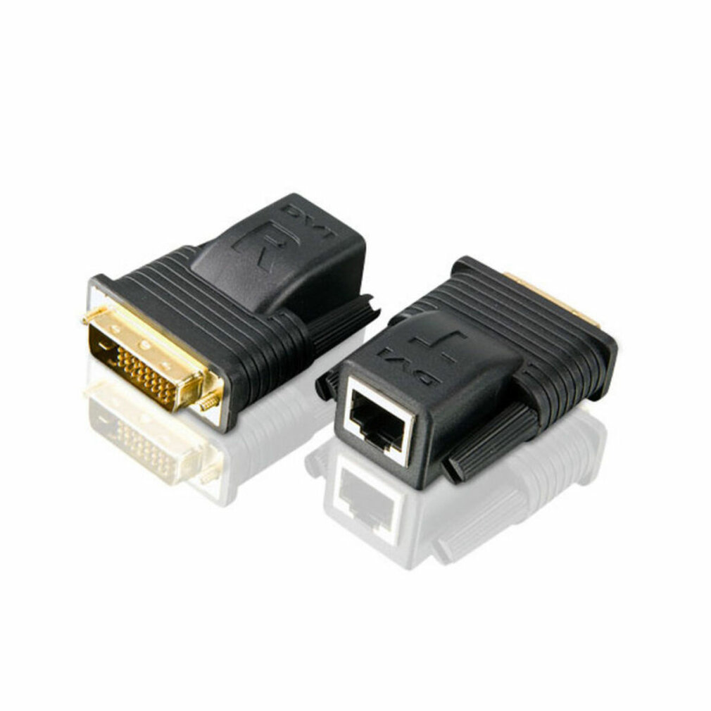 Zwei schwarze DVI-zu-Ethernet-Adapter. Einer mit DVI-Anschluss, der andere mit Ethernet-Anschluss. Beide spiegeln sich auf weißer Oberfläche.