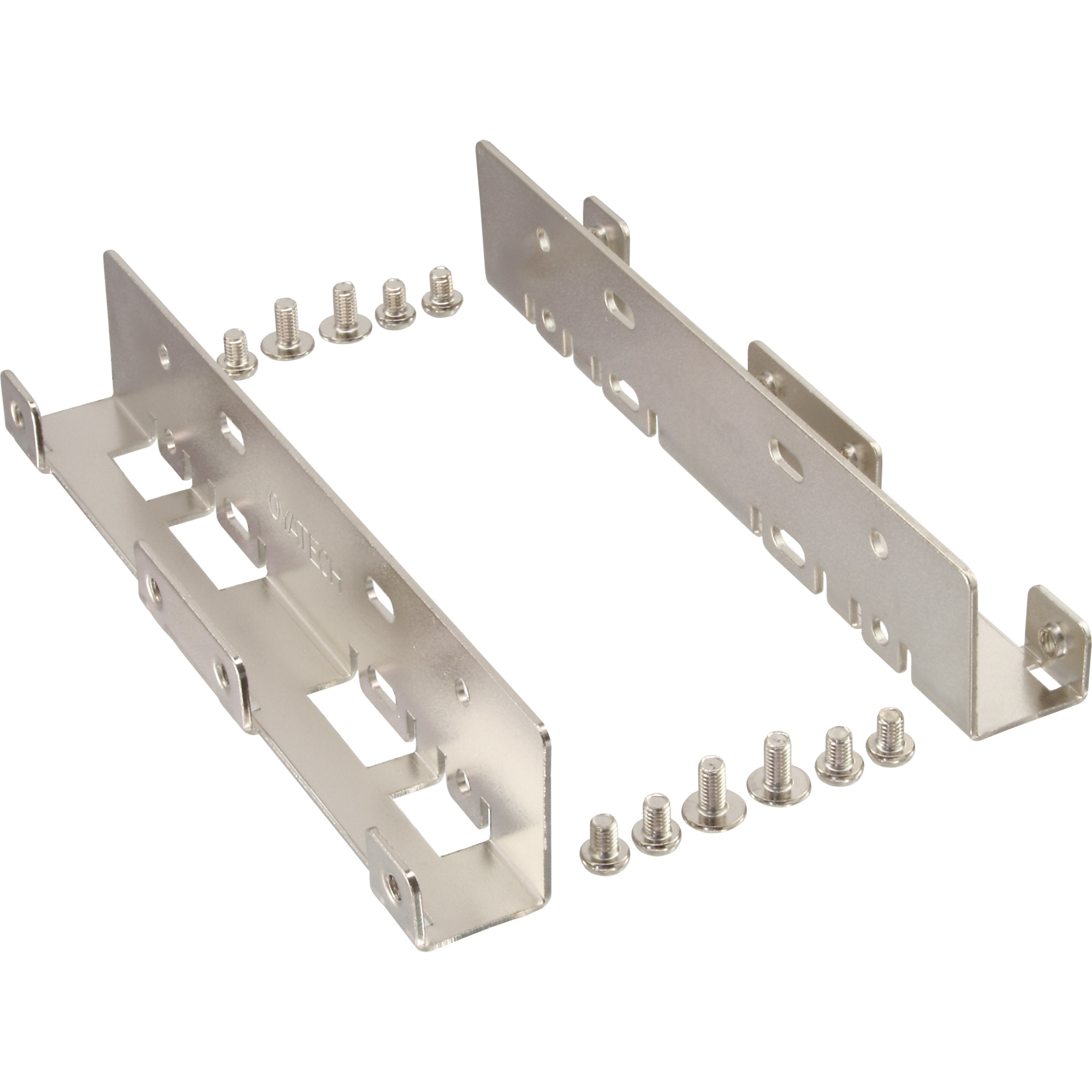 Zwei silberne Metallhalterungen mit mehreren Schraubenlöchern, begleitet von kleinen Silberschrauben. Isoliert auf weißem Hintergrund.