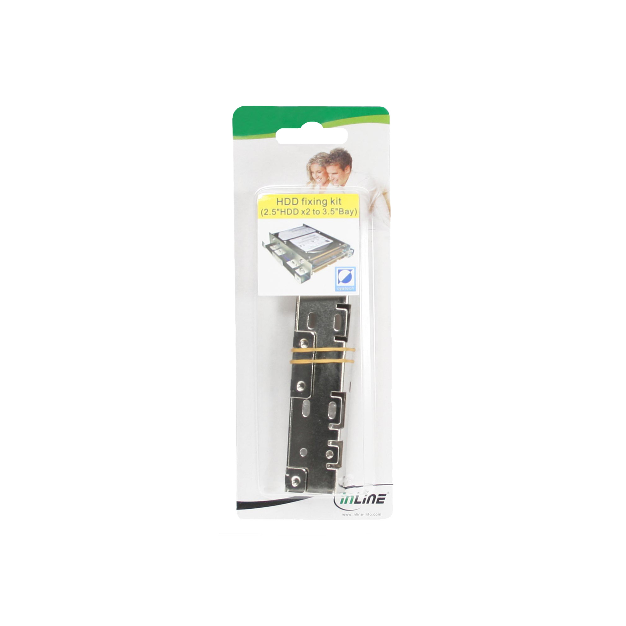 Verpackung des HDD-Befestigungssatzes mit Metallhalterung und Festplattenbild. Die Verpackung ist weiß und grün.
