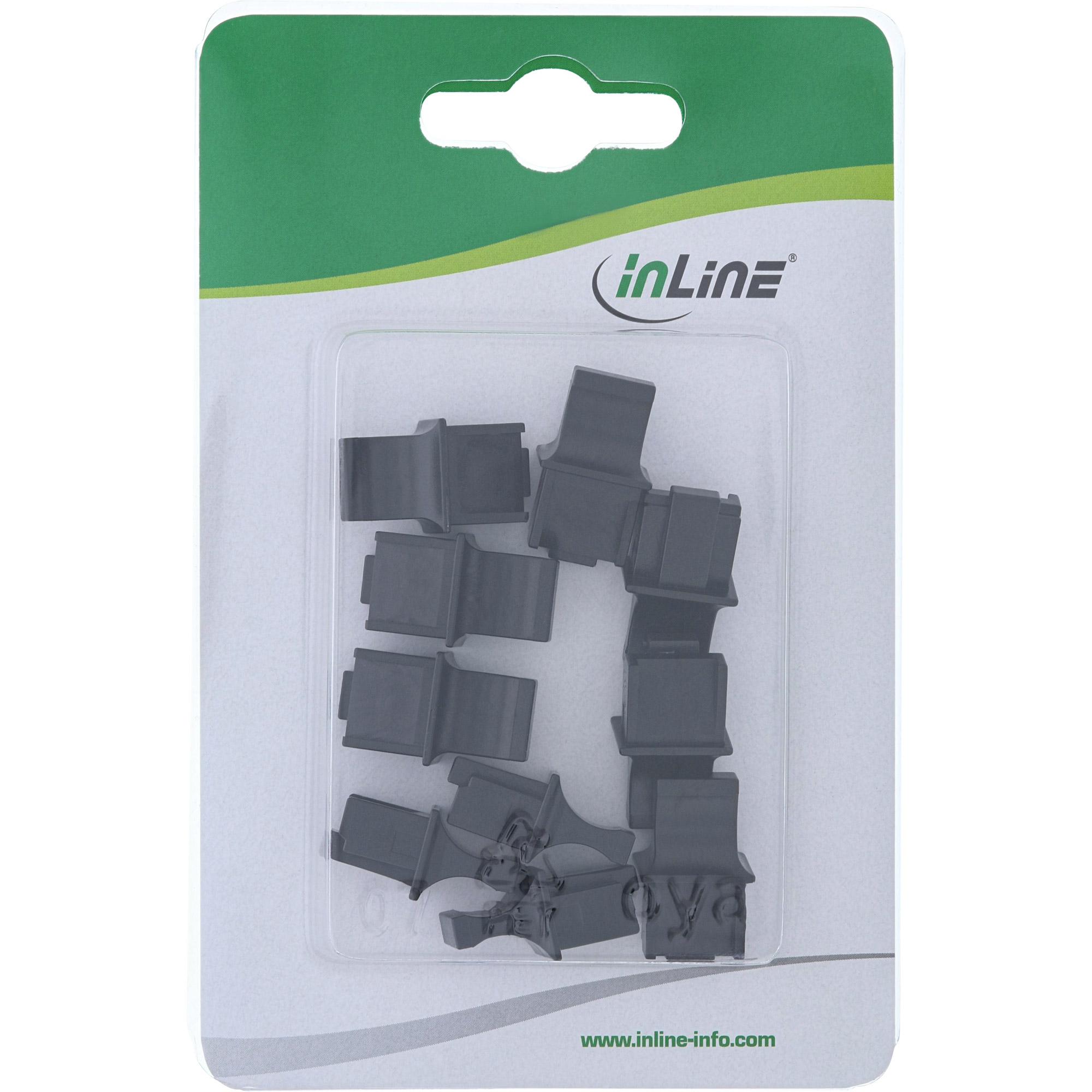 Paket mit grauen Kunststoffverbindern. Die Verpackung ist grün und weiß mit dem inLine-Logo.