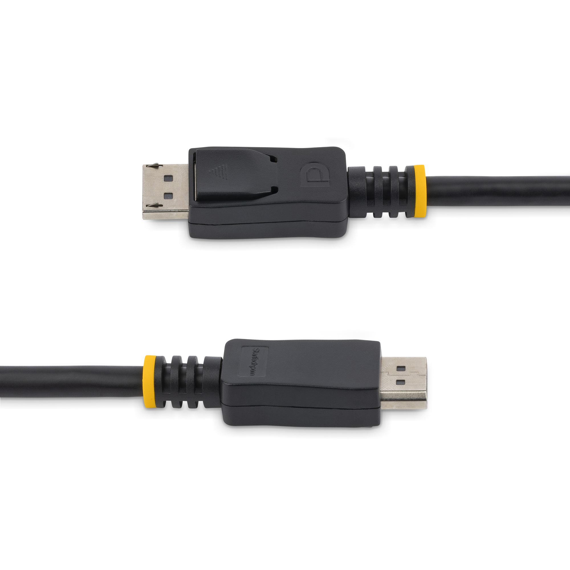 DisplayPort-zu-USB-C-Adapterkabel mit schwarzen Anschlüssen und gelbem Ring.