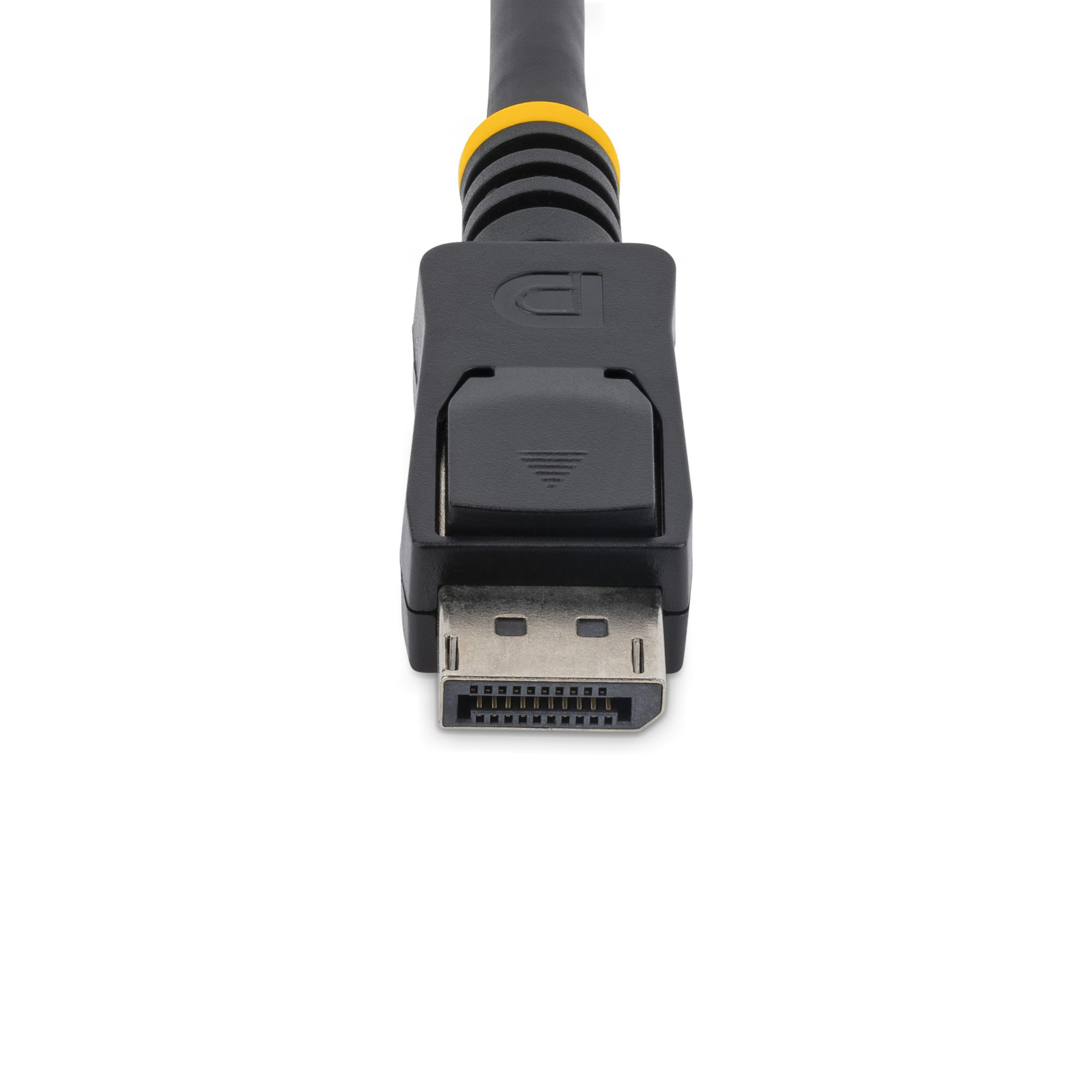 Ein DisplayPort-Kabelanschluss auf weißem Hintergrund. Er ist schwarz mit gelbem Ring und silbernen Stiften.