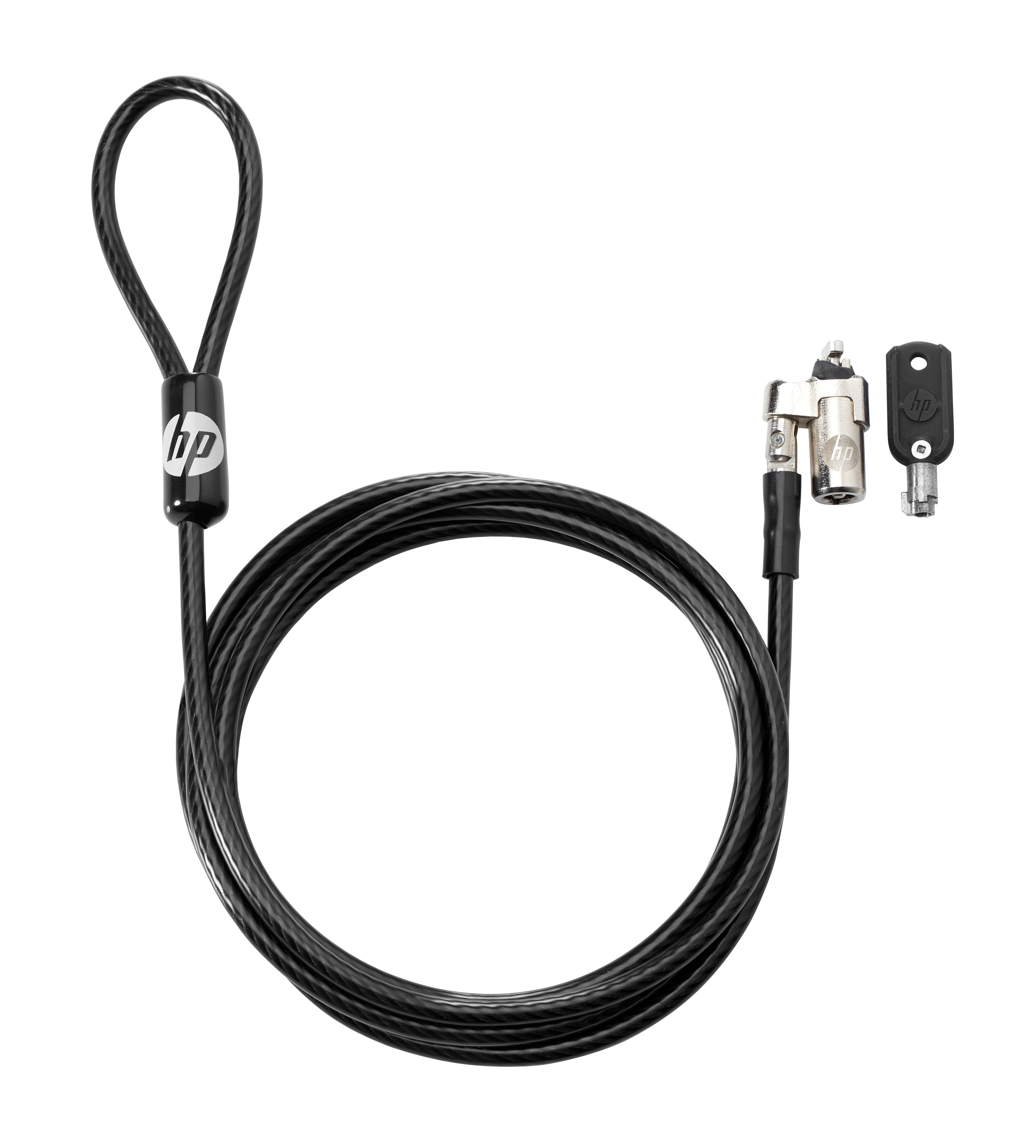 Cable de seguridad HP negro con lazo, mecanismo de cierre y llave, todo sobre fondo blanco.