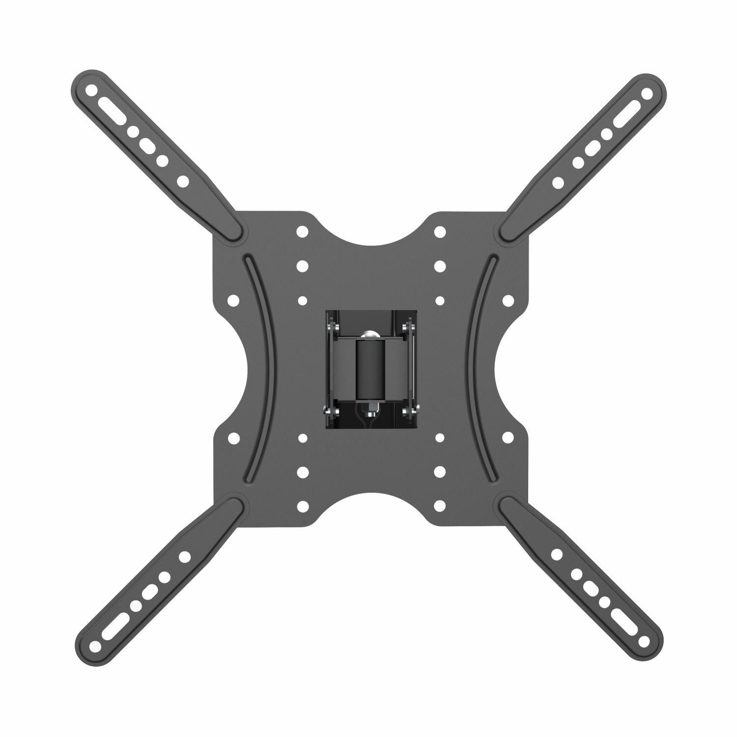 Un soporte de pared para TV gris oscuro con cuatro brazos extensibles y una placa de montaje central. Hay agujeros en los brazos y la placa.