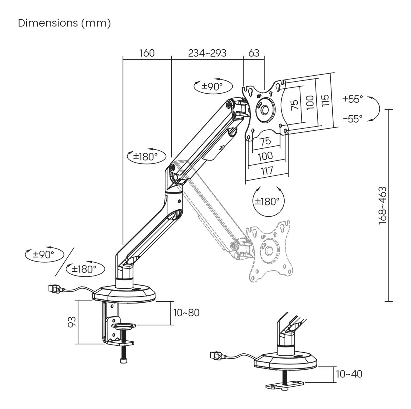 Diagrama de un brazo de monitor con dimensiones y ángulos. Muestra el rango de movimiento y medidas del brazo.