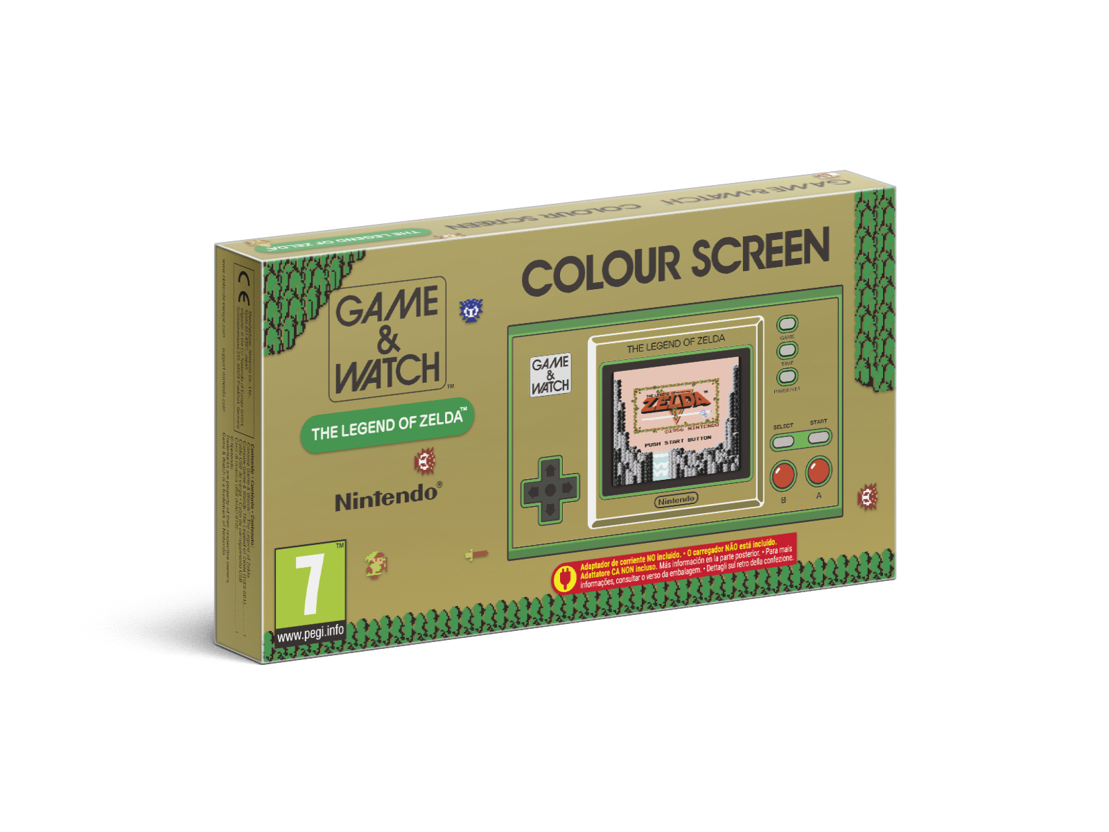 Una caja de Game & Watch: The Legend of Zelda. Muestra la pantalla y los botones de la consola, colores verde y dorado.