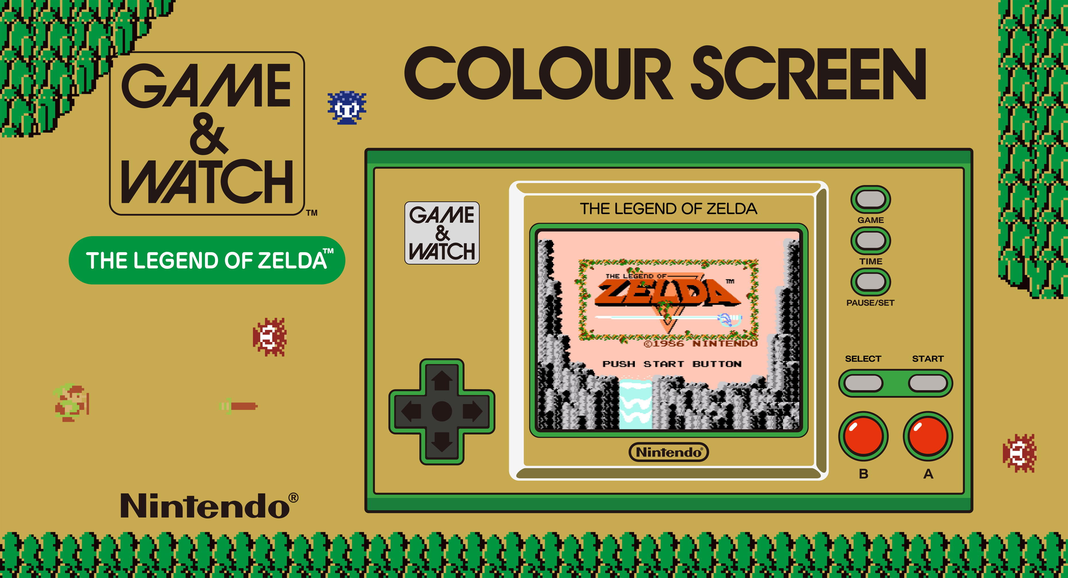 Consola portátil Game & Watch. Juego de Zelda en pantalla. Esquema de color verde, marrón y rojo.