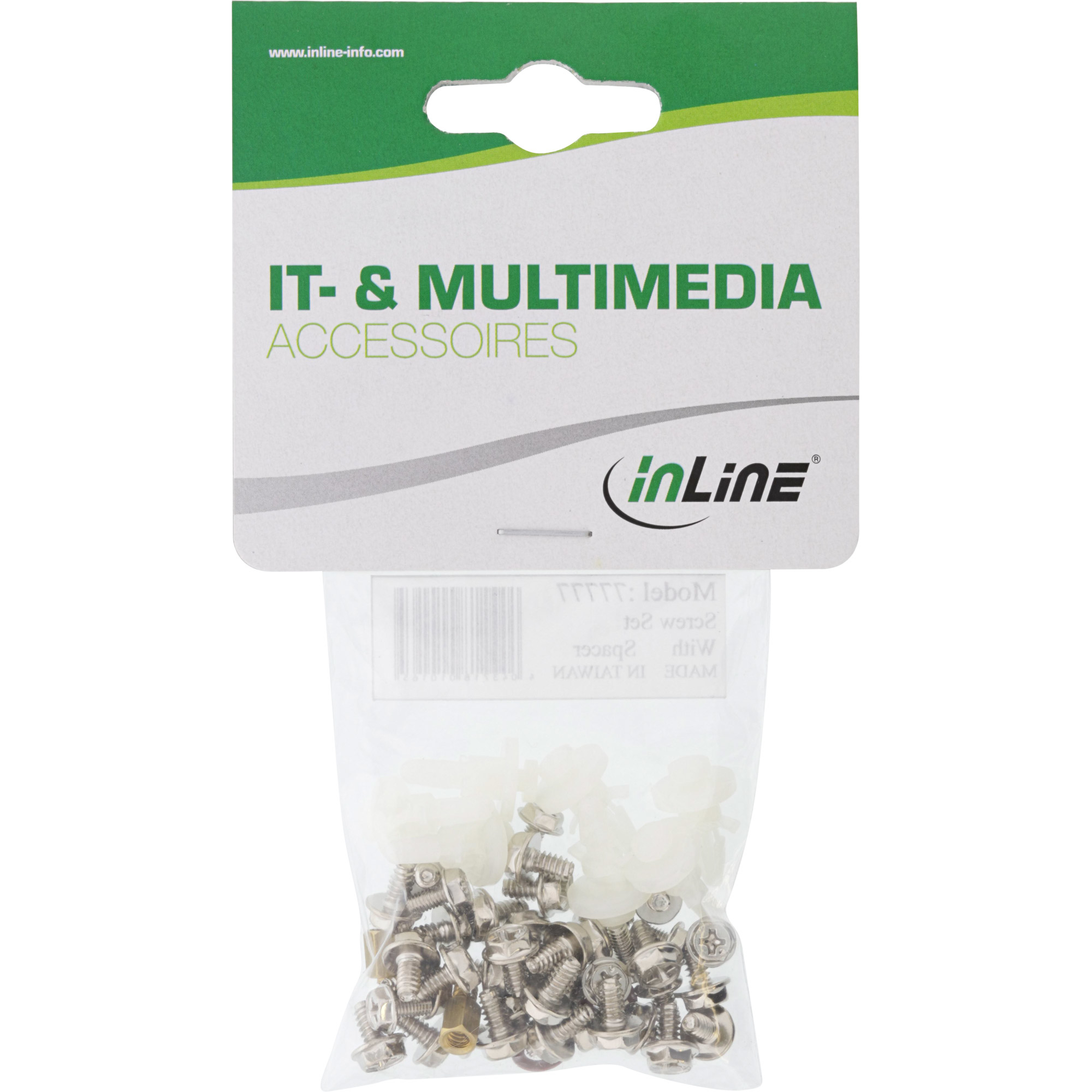 Paket mit IT- und Multimedia-Zubehör. Enthält Schrauben und Kunststoffteile in einer transparenten Plastiktüte.