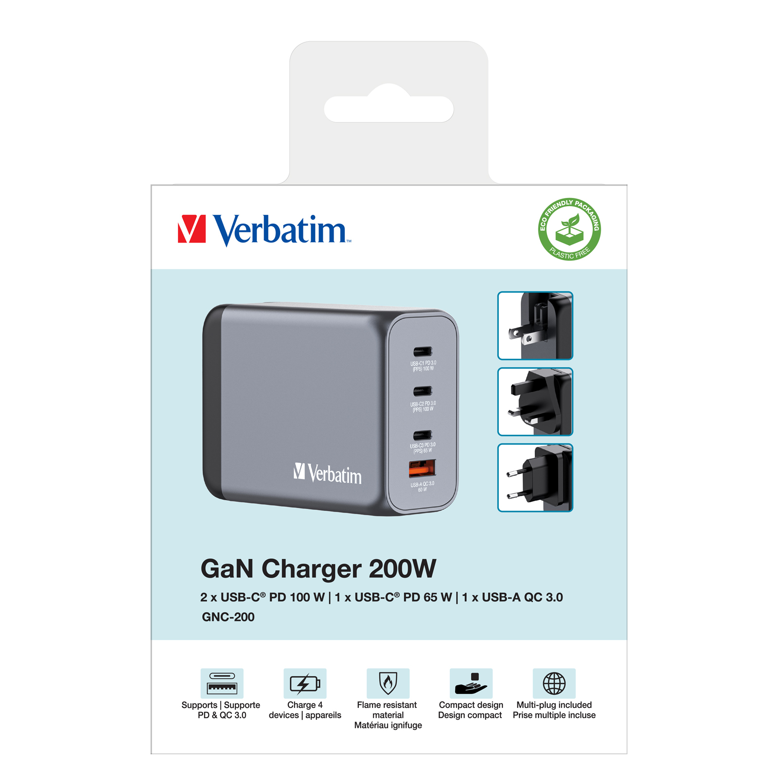 Verbatim GaN 200W Ladegerät auf weißem Hintergrund. Es hat mehrere USB-Anschlüsse und verschiedene Steckertypen.