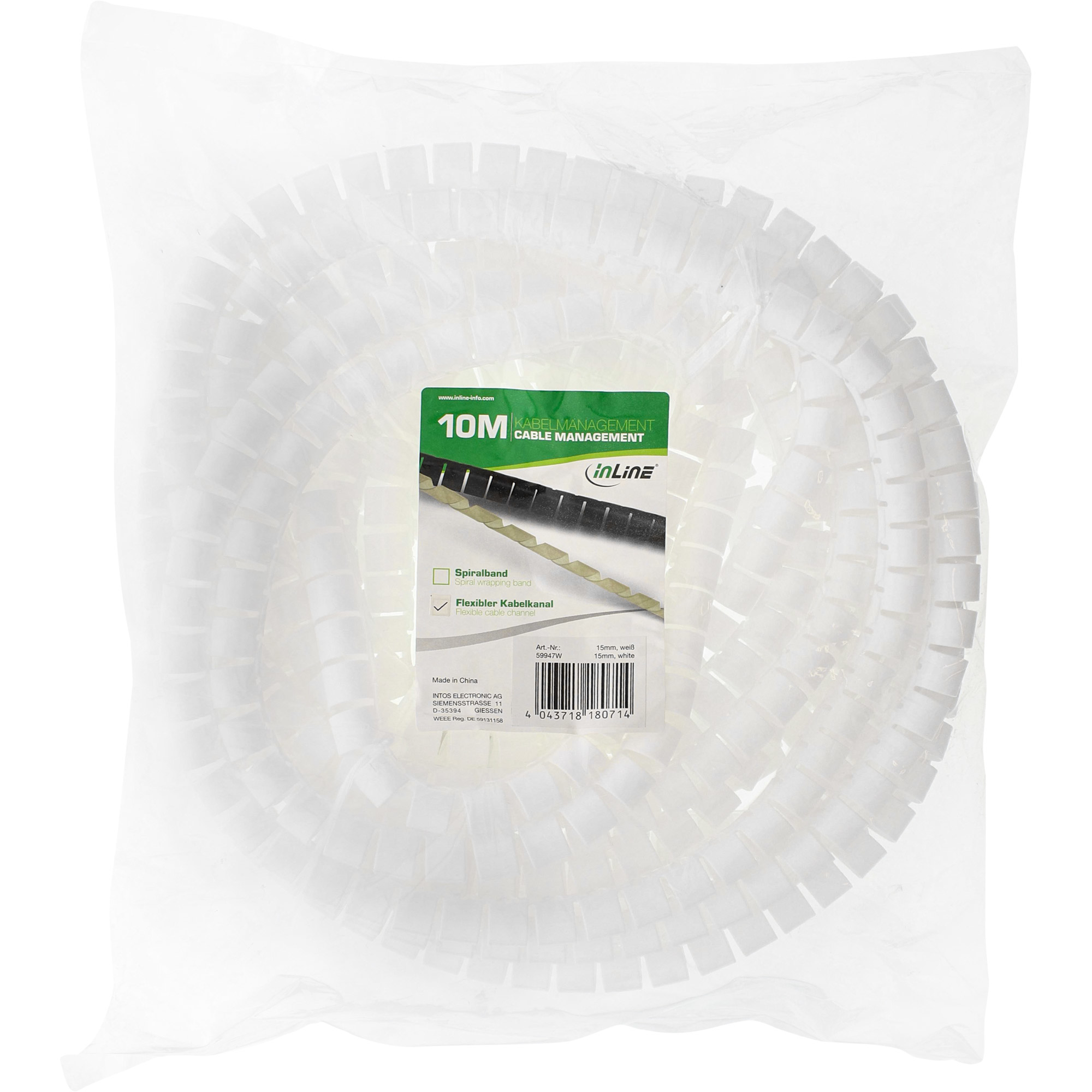 Weißes Spiral-Kabelmanagement in einer transparenten Plastiktüte. Ein Etikett zeigt Produktinfos: 10M, Spiralband, flexibler Kabelkanal.