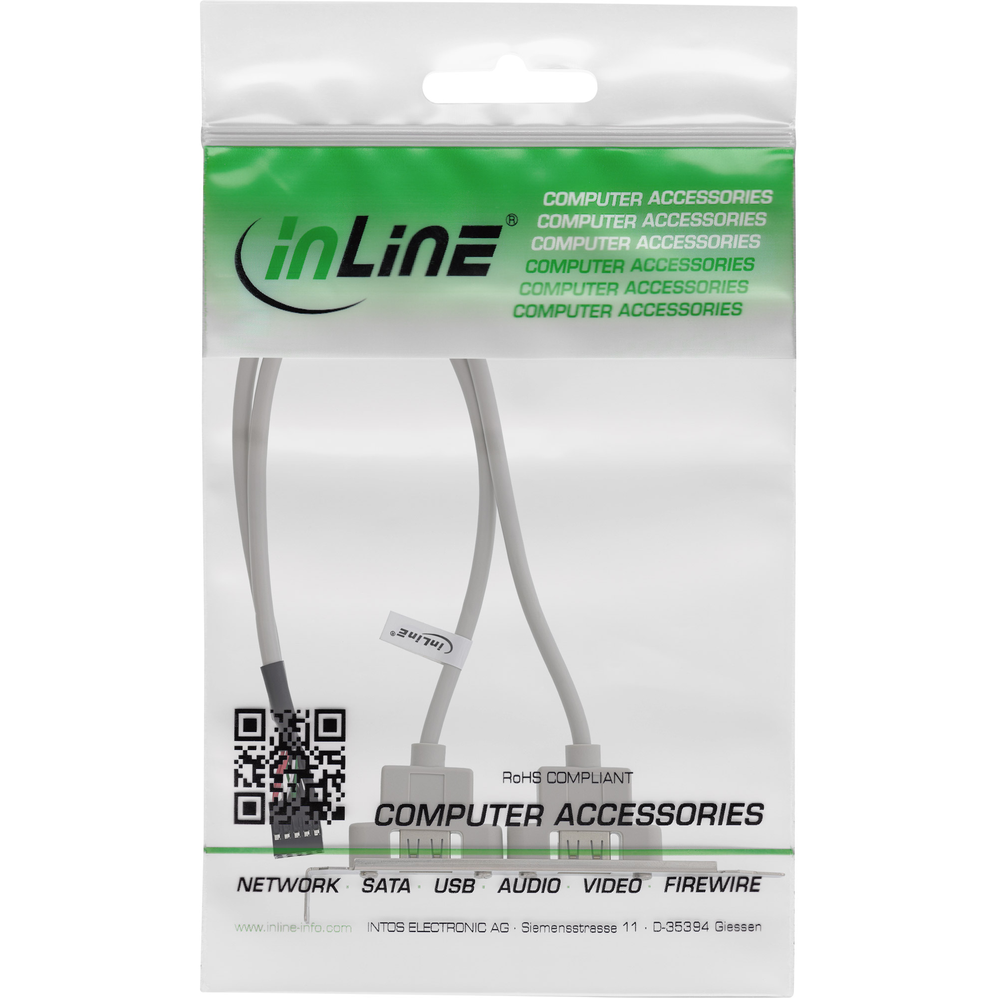 Ein Computerzubehörkabel in einer Plastikverpackung. Die Verpackung hat das 'inLine'-Logo und Produktdetails.