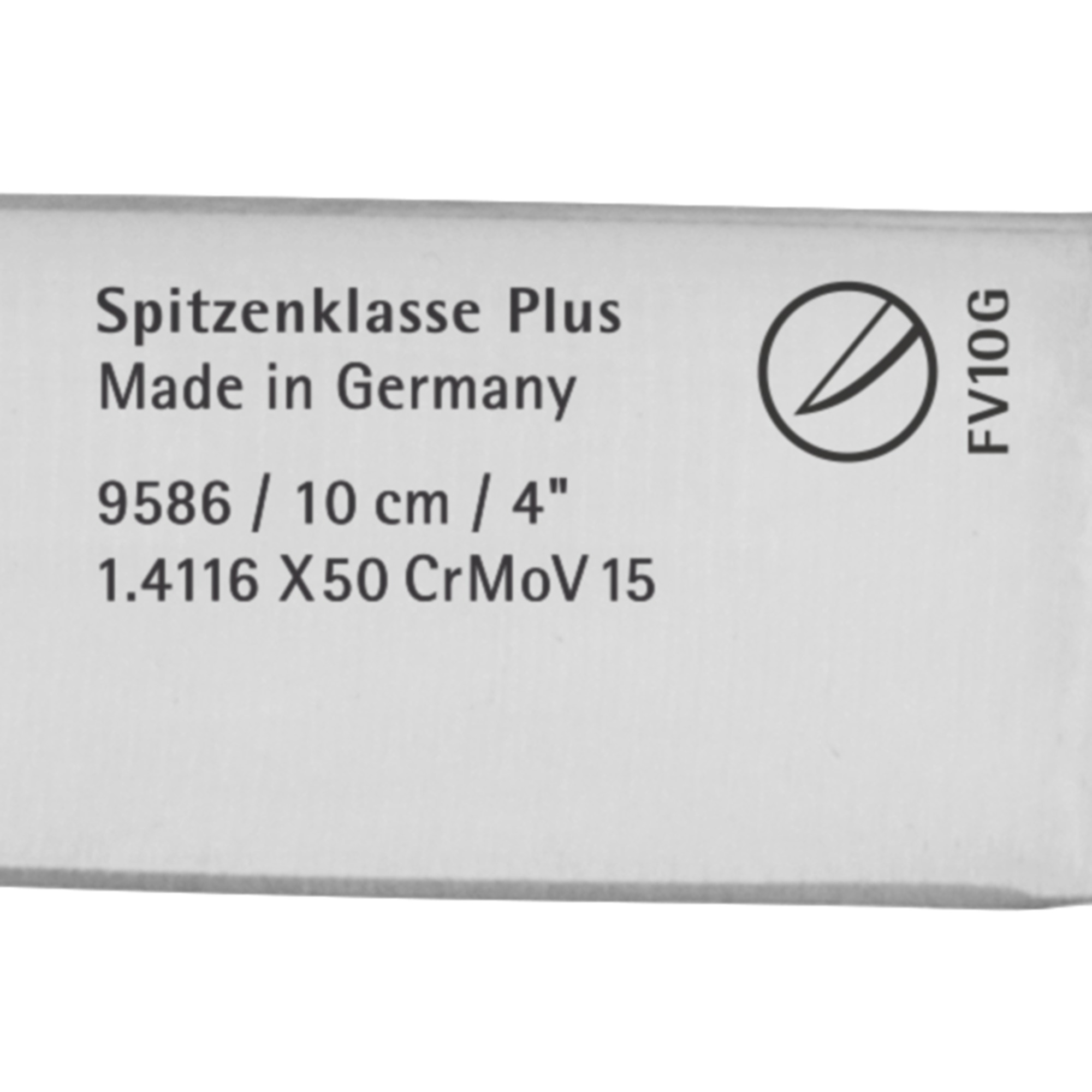 Etykieta z tekstem 'Spitzenklasse Plus Made in Germany', szczegółami produktu i logo 'FV10G'.