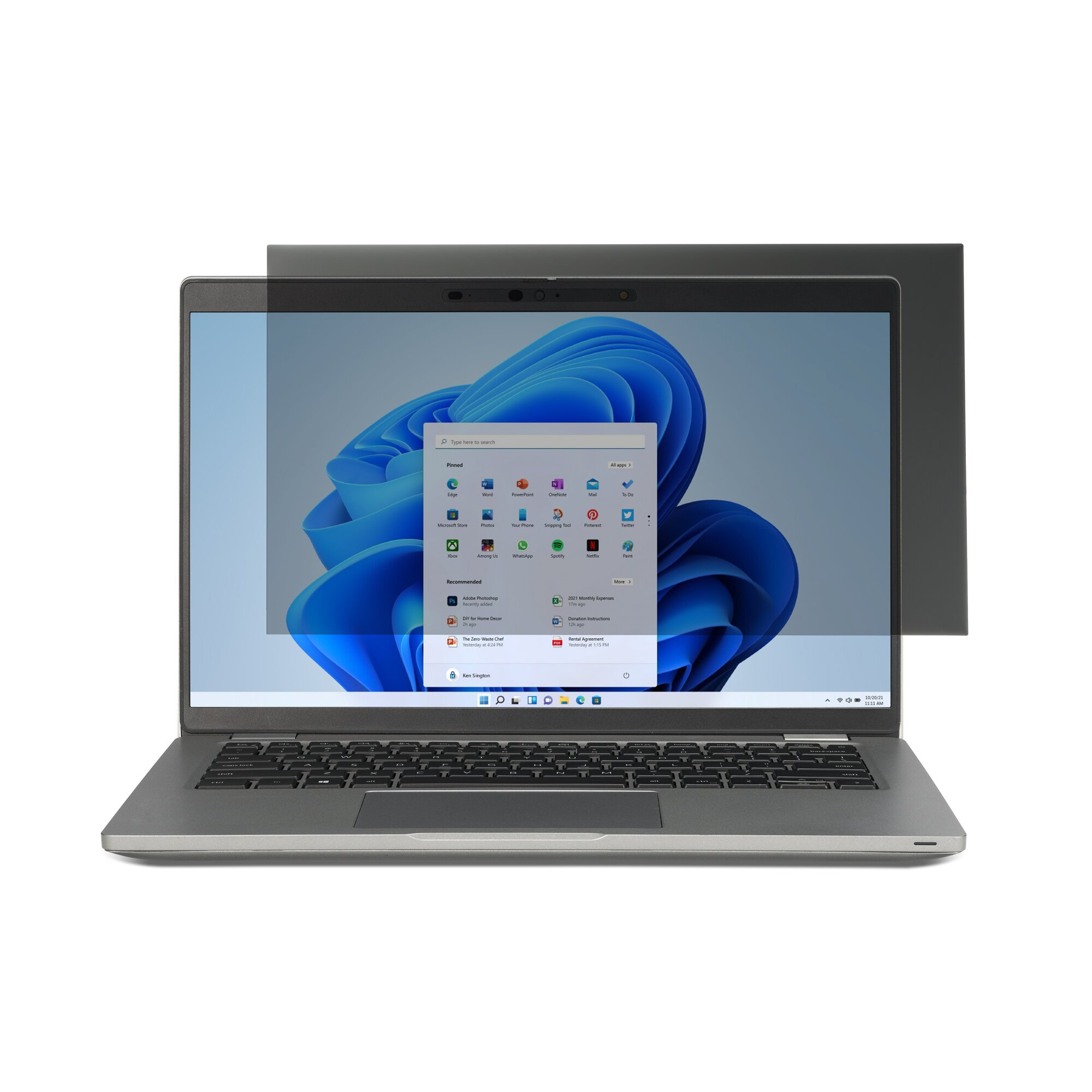 Laptop mit Windows 11-Oberfläche. Der Bildschirm zeigt App-Symbole und einen blauen Hintergrund.