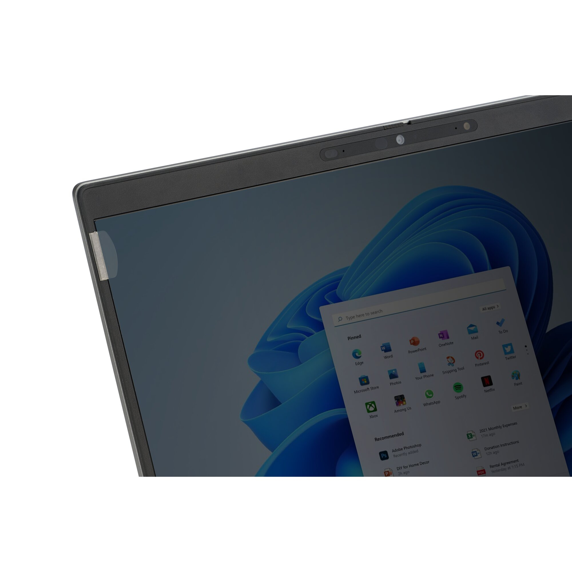 Laptop mit Windows 11-Oberfläche. Der Bildschirm zeigt App-Symbole, eine Suchleiste und einen blauen Hintergrund.