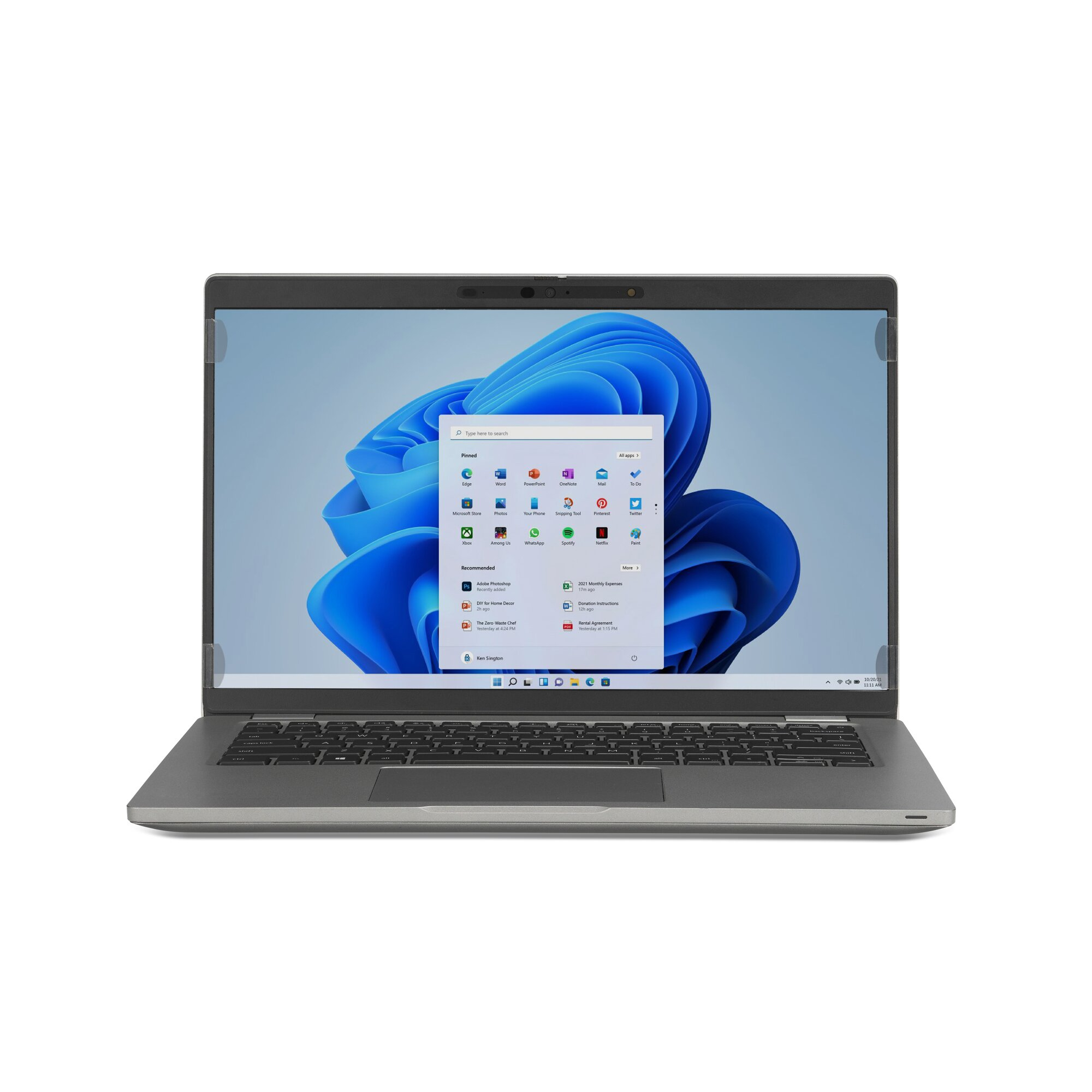 Laptop mit Windows 11-Oberfläche. Der Bildschirm zeigt App-Symbole und einen blauen, abstrakten Hintergrund.