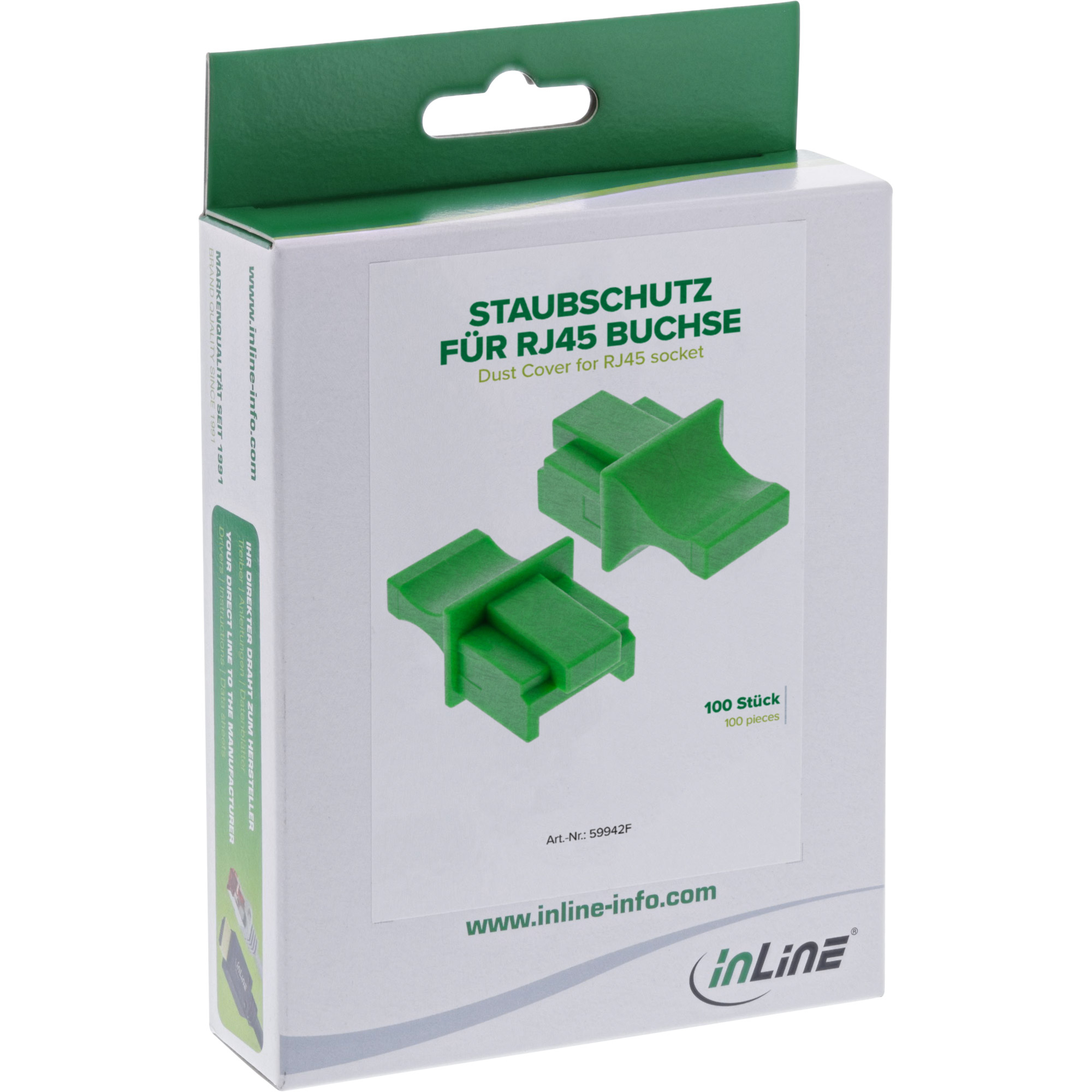 Schachtel mit grünen RJ45-Buchsen-Staubschutzkappen. Text auf Deutsch und Englisch. Markenname ist inLine.
