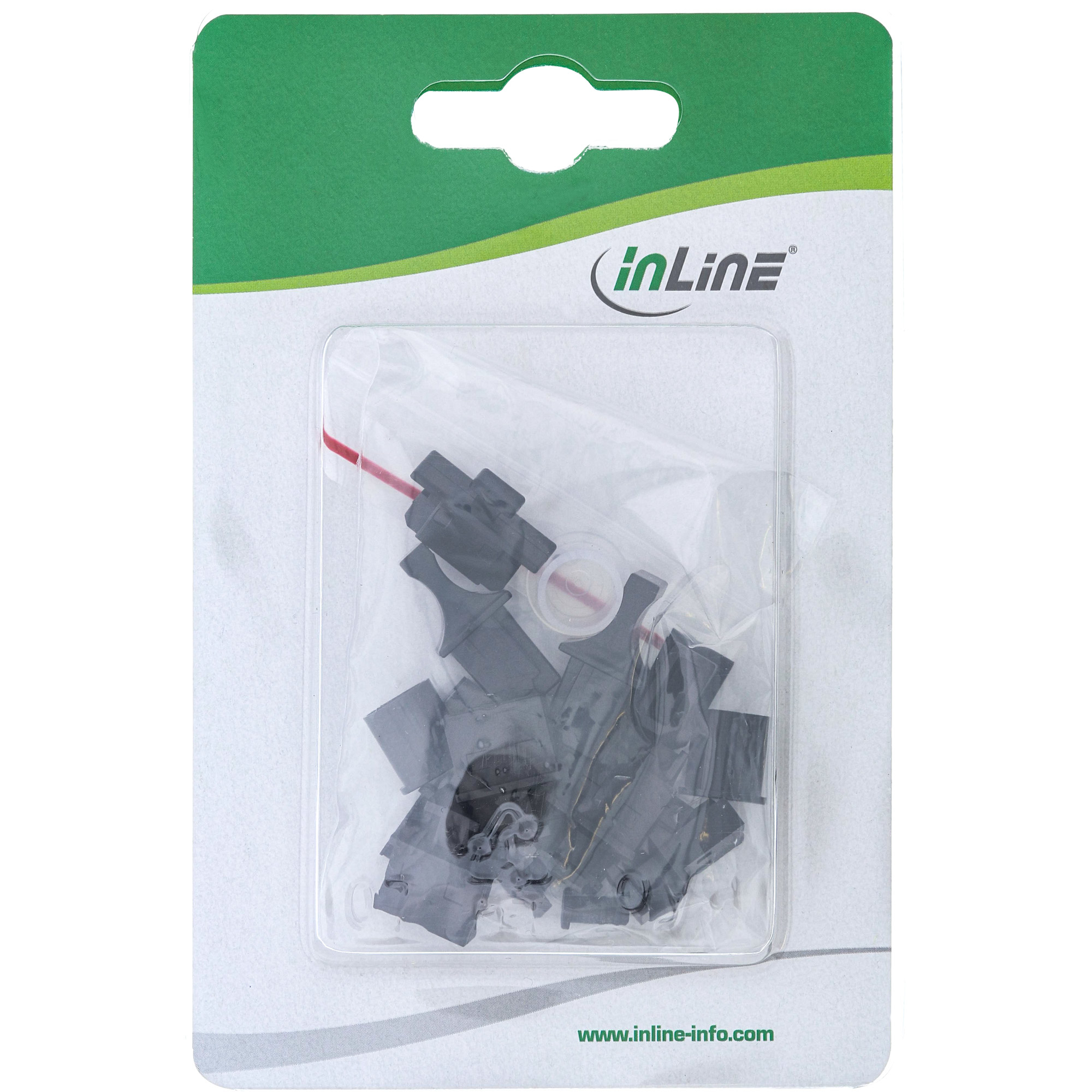 Eine Packung schwarzer elektrischer Stecker in einer transparenten Blisterpackung mit einer grünen und weißen Kartenrückseite.