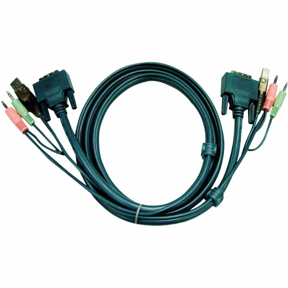 Un cavo verde scuro con più connettori: USB, jack audio e un connettore VGA. Il cavo è ad anello e legato con una fascia bianca.