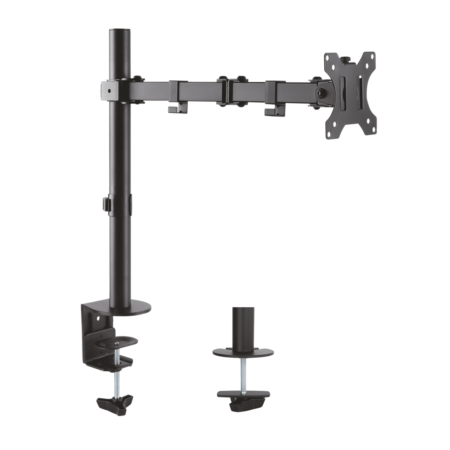 Un brazo negro para monitor con múltiples articulaciones, una abrazadera para el escritorio y un soporte para un monitor, todo sobre fondo blanco.
