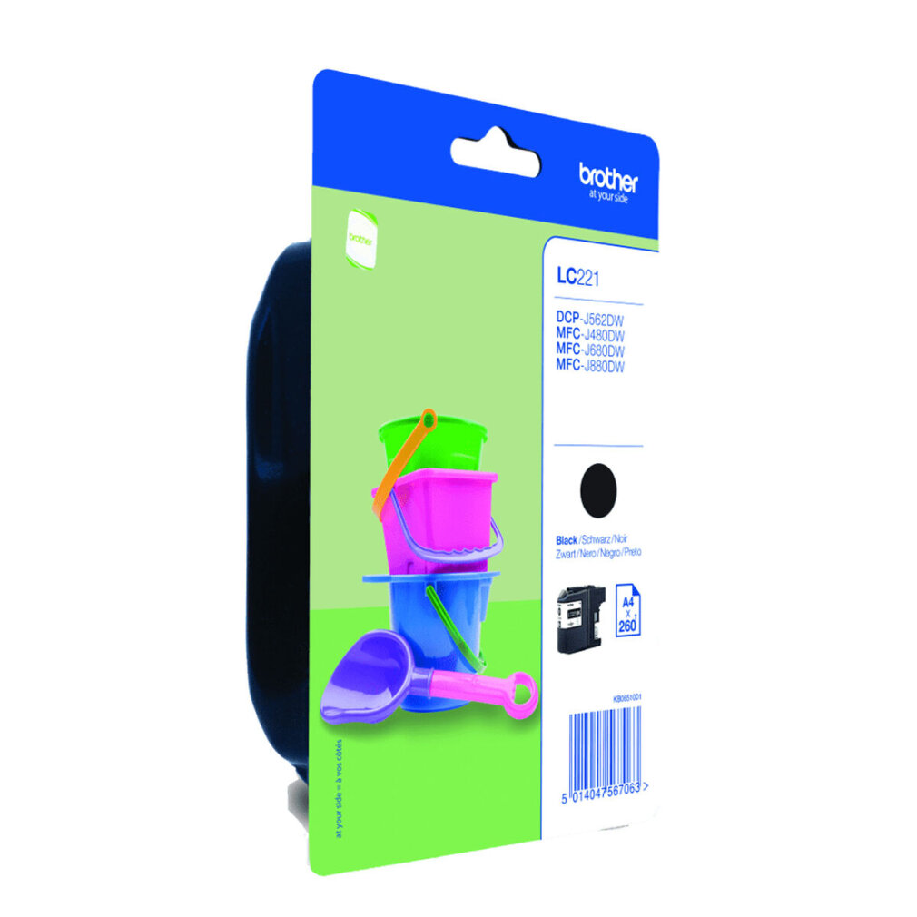 Pudełko z wkładami atramentowymi Brother LC221 z kolorowymi zabawkami w postaci wiader i łopaty przed czarnym wkładem.