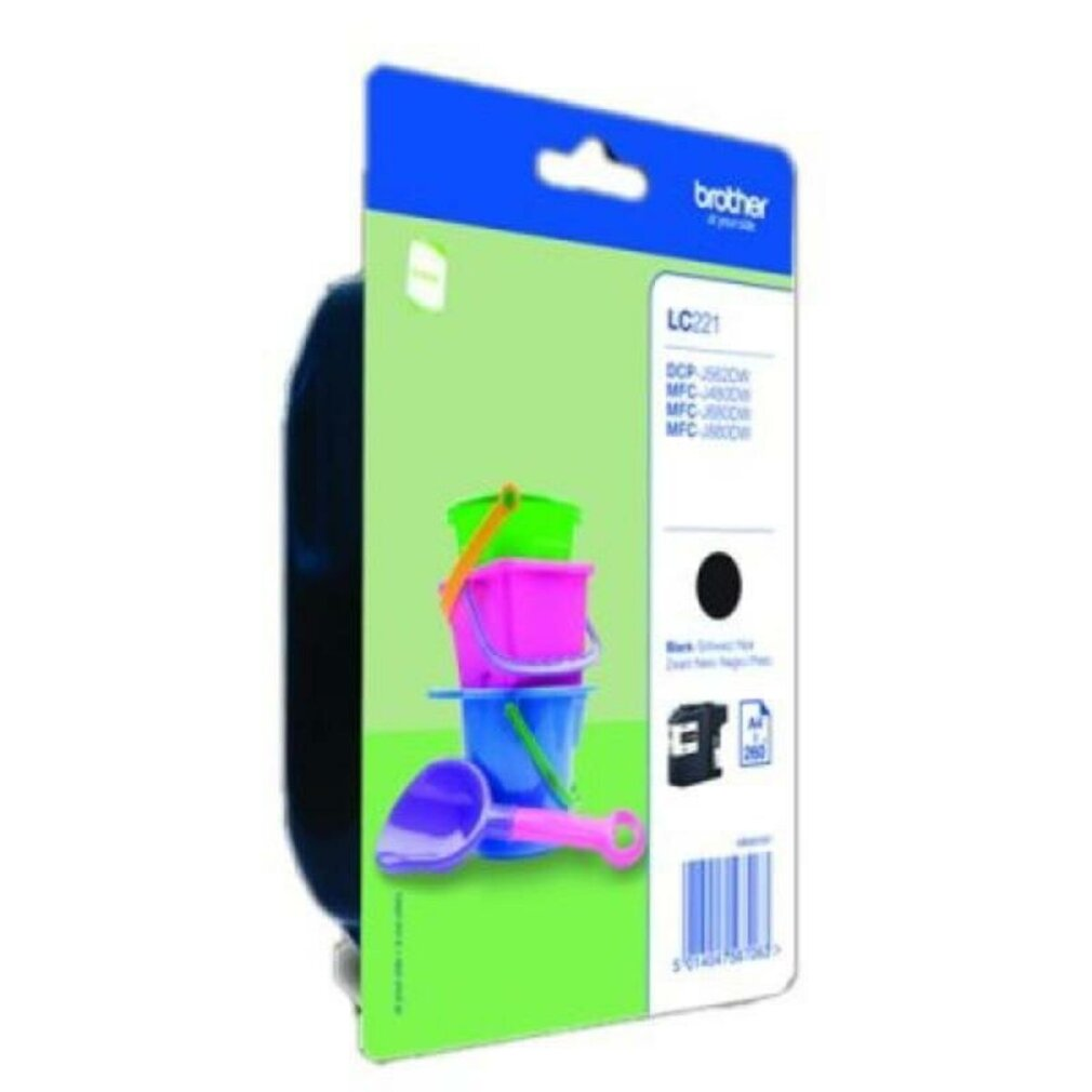 Wkład atramentowy Brother LC221. Zielone, różowe i niebieskie wiaderka z zabawkami z fioletową łopatą na zielonym tle. Czarny atrament.