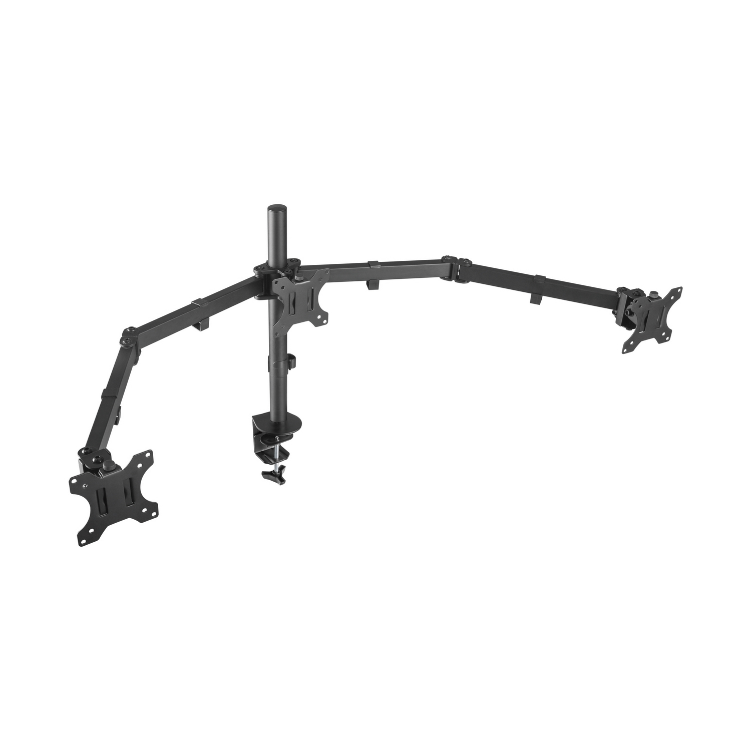 Un brazo negro para monitor con tres secciones articuladas. El brazo tiene placas de montaje para monitores y una abrazadera para la fijación al escritorio.