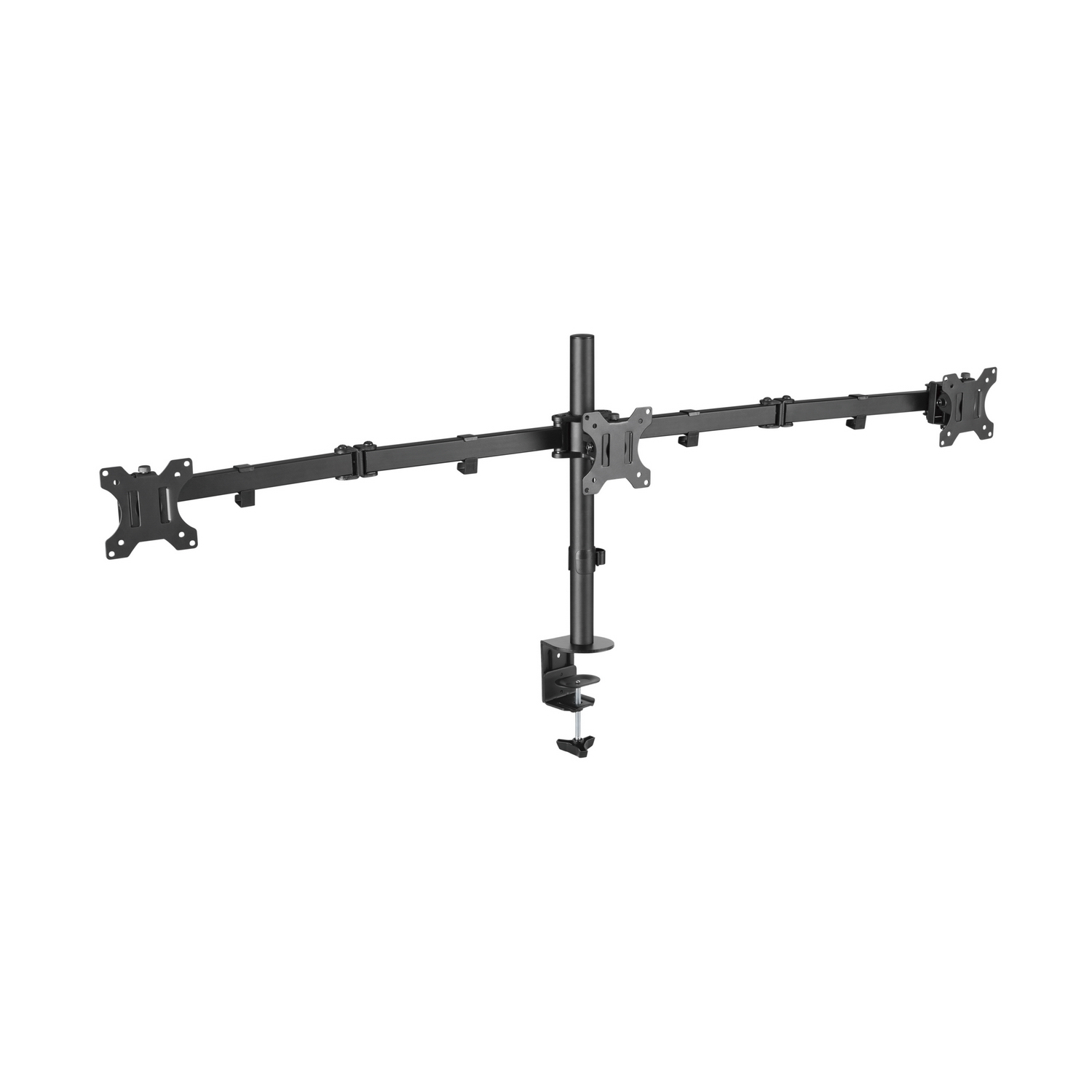 Un soporte negro para monitor con tres brazos. Cada brazo tiene un soporte. El soporte está sujeto a una superficie.