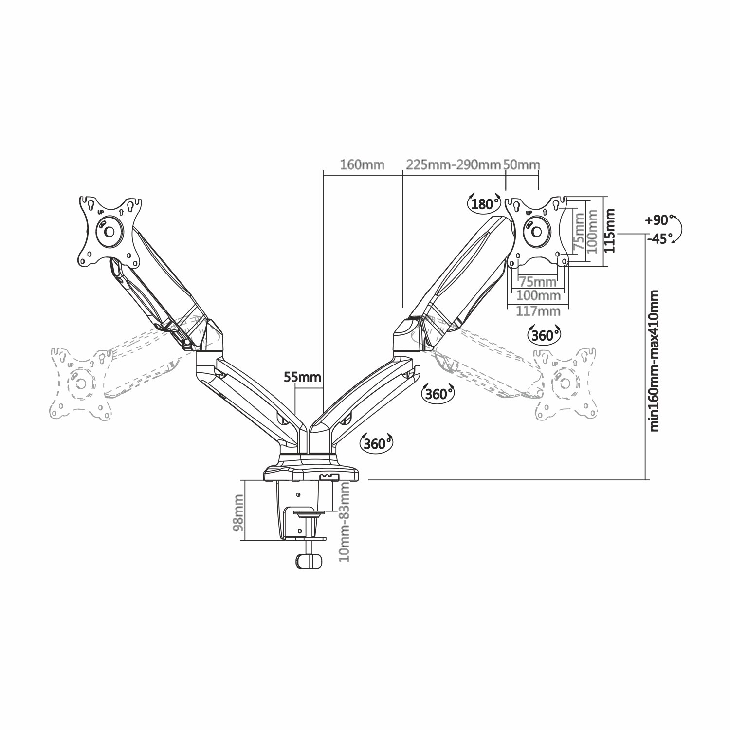 Diagram van een dubbele monitorarm met afmetingen. Toont rotatiehoeken en afmetingen in mm voor verschillende delen.