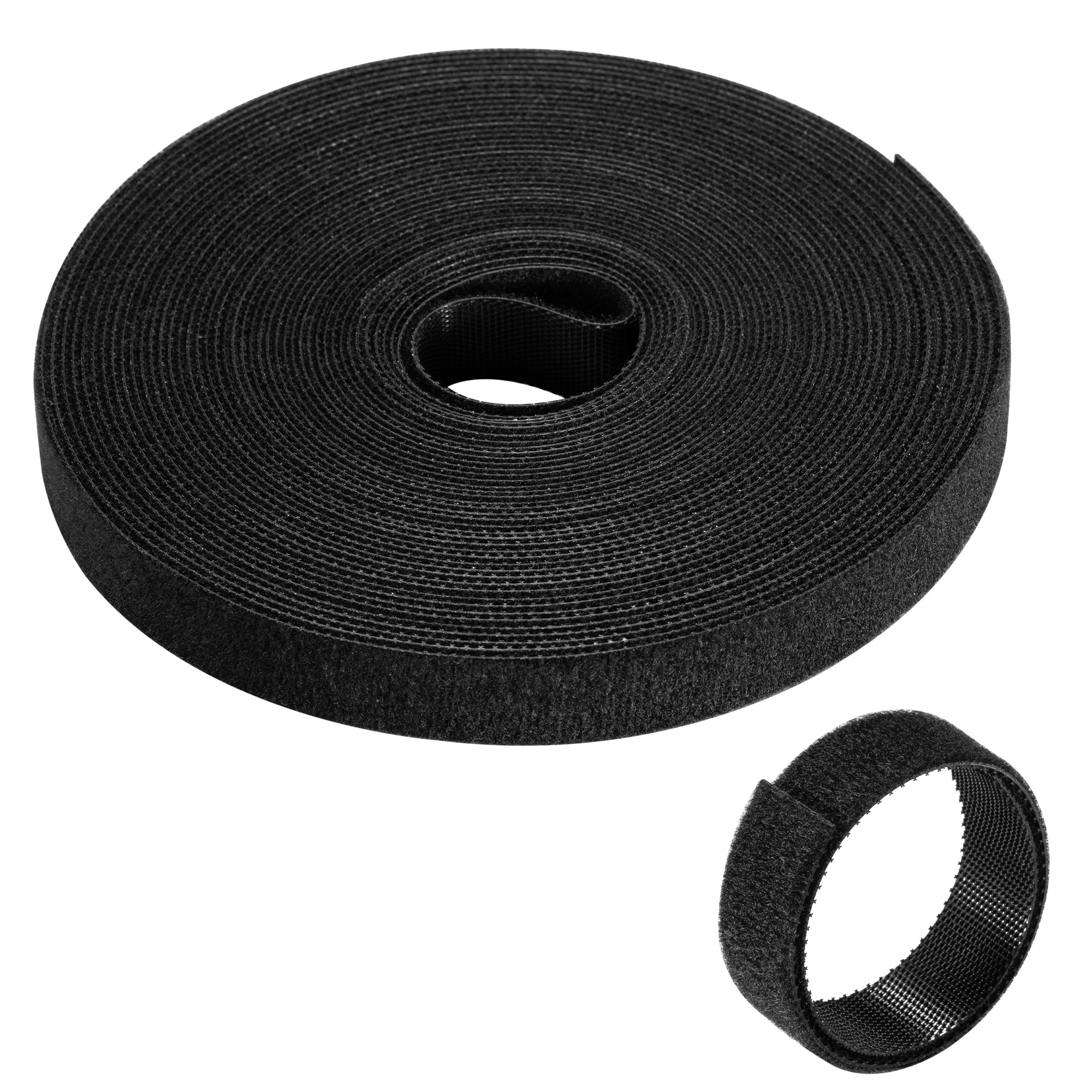 Cinturino in velcro nero arrotolato e un cinturino più piccolo formato. Entrambi su sfondo bianco.