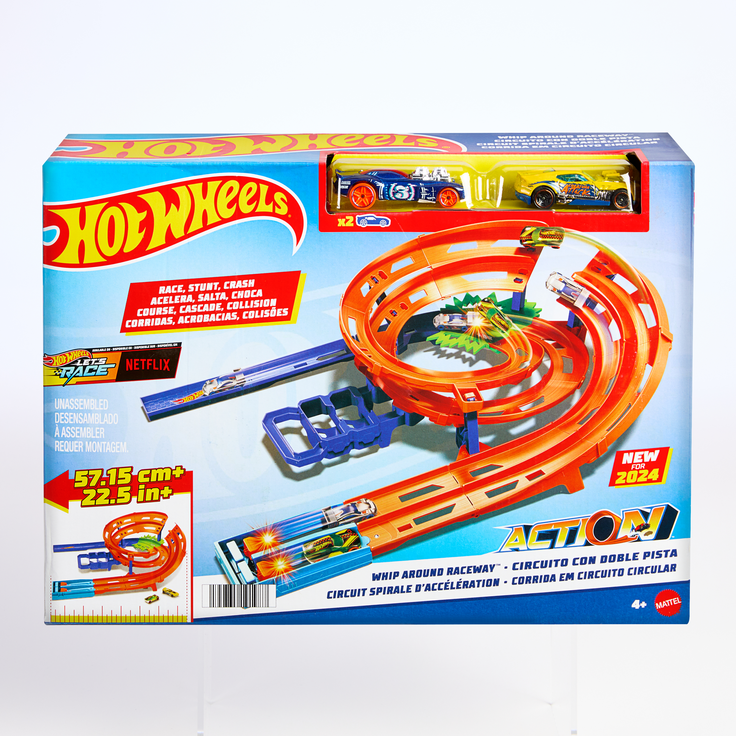Pudełko zestawu torów Hot Wheels z pomarańczową pętlą, niebieskim torem i dwoma samochodzikami. Nowość na 2024 rok.