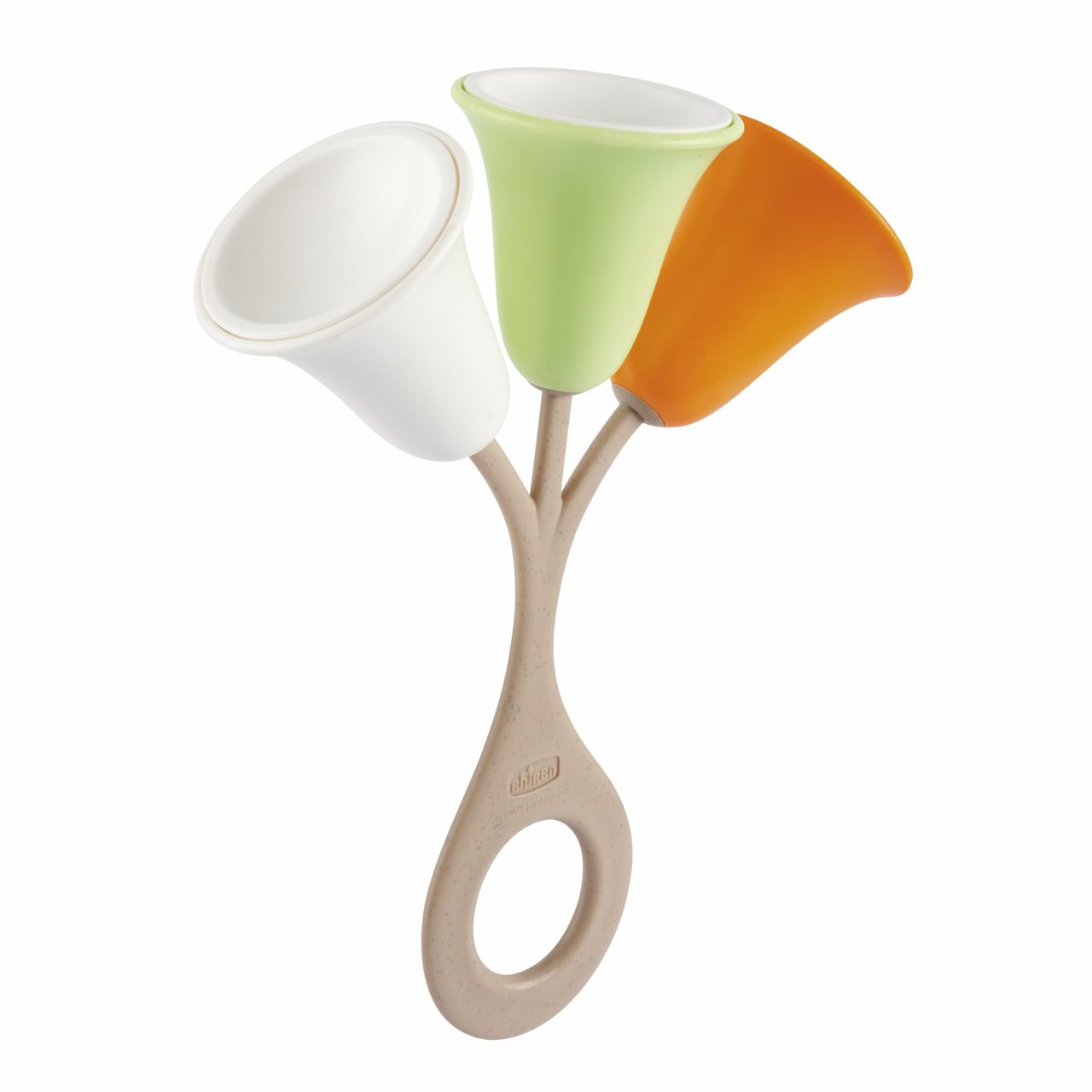 Ein Babyspielzeug in Form von Blumen. Es hat weiße, grüne und orangefarbene Blütenköpfe. Der Griff ist beige und hat ein Loch.
