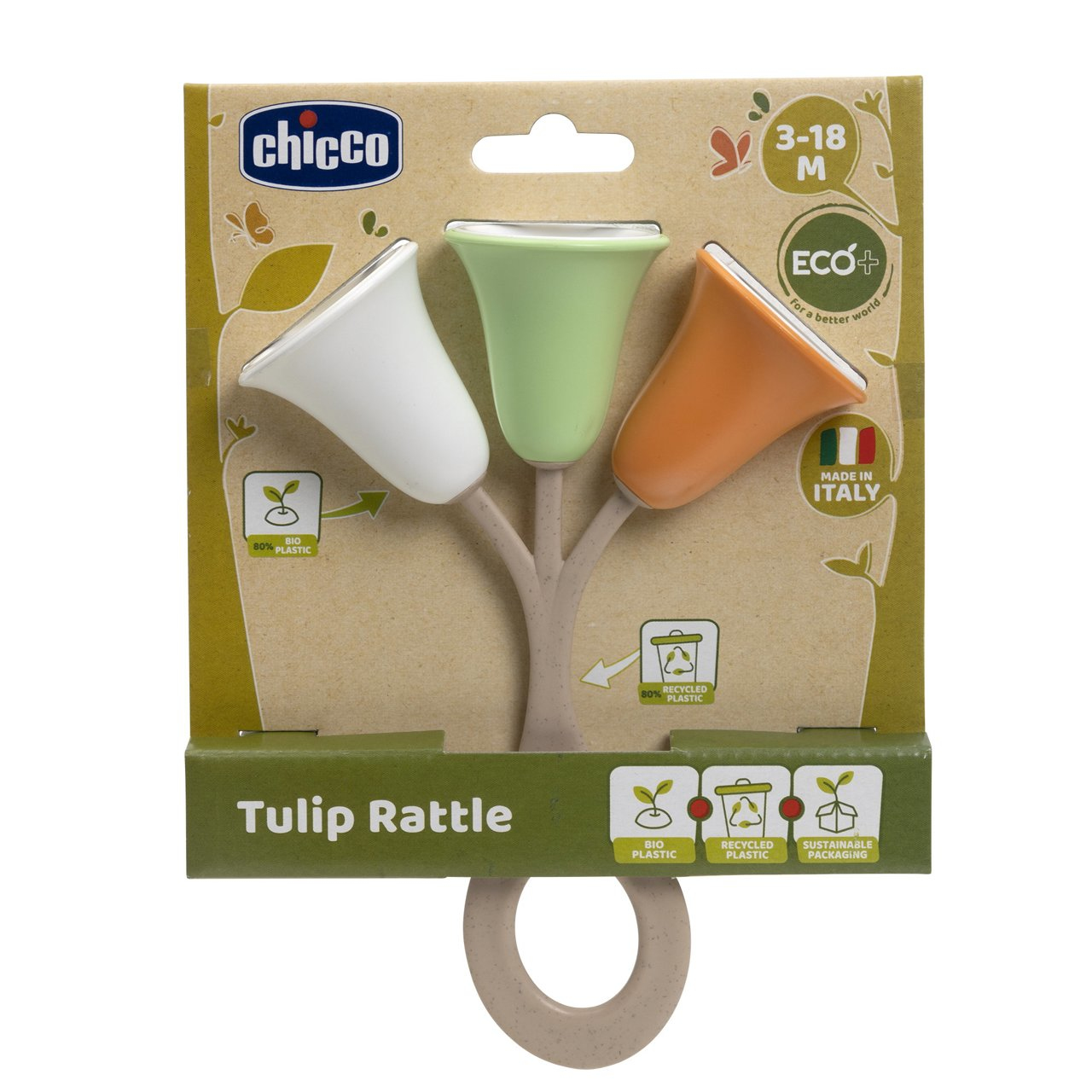 Ein Babyspielzeug mit drei tulpenförmigen Köpfen in Weiß, Grün und Orange. Es hat einen beigefarbenen Griff und befindet sich auf einem Kartonhintergrund.