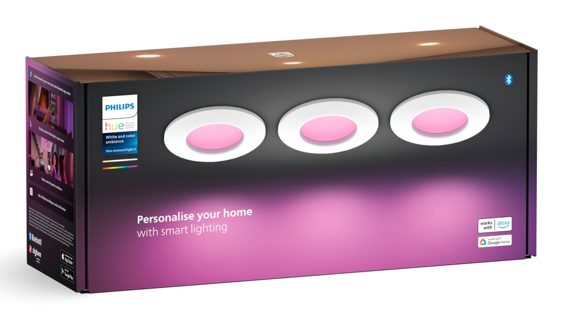 Une boîte Philips Hue montre trois encastrés avec des centres roses. Le texte promeut l'éclairage intelligent, la compatibilité Alexa et Google Home.