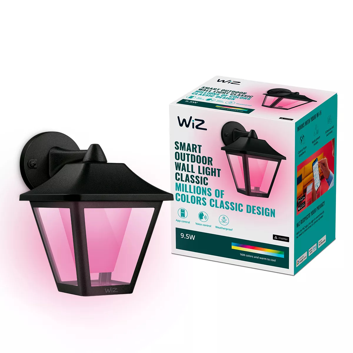 Black Wiz smart outdoor wall light with pink light, next to its box with app info. The box says 'Millions of Colors'.