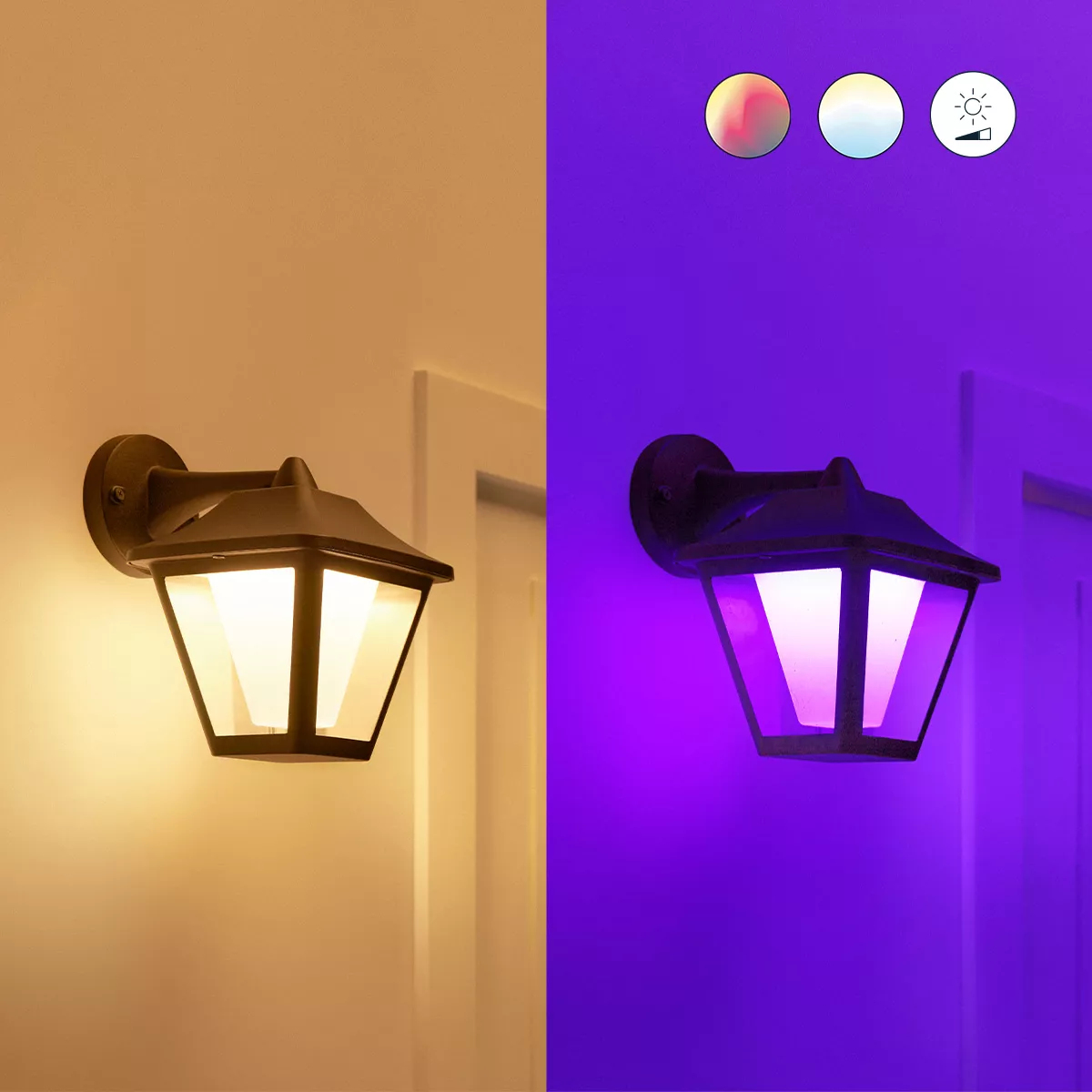 A wall-mounted lantern with selectable color options. One side has warm light, the other has purple light. Control icons are above.