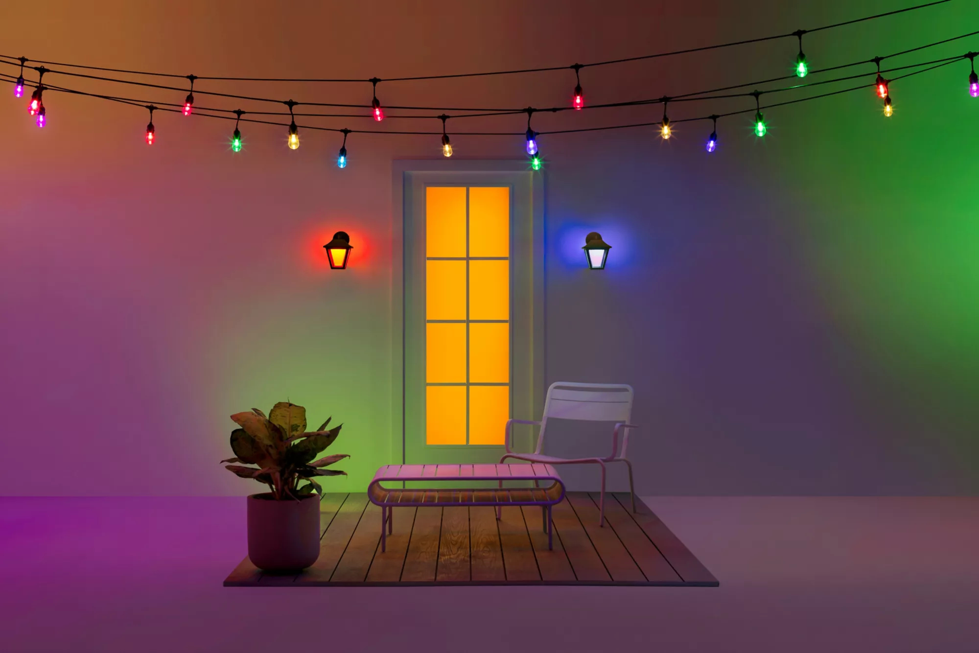 A patio scene with string lights, a door, a chair, and a plant. Colored lights illuminate the scene with vibrant hues.