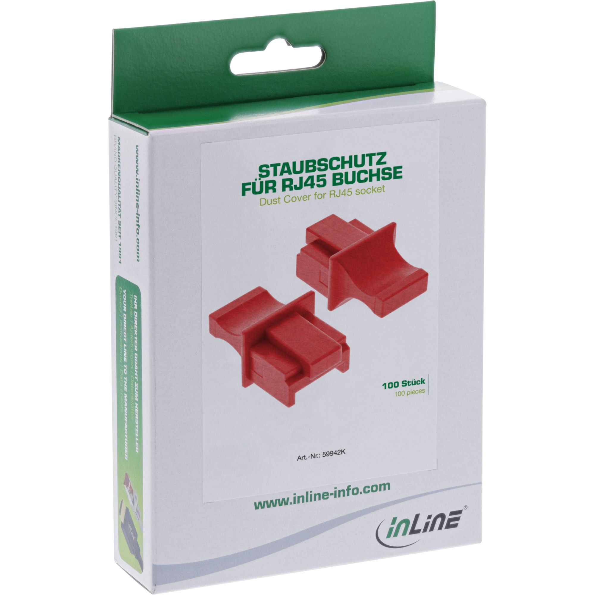 Box mit roten RJ45-Staubschutzkappen. Text enthält Produktinfo und das InLine-Logo.