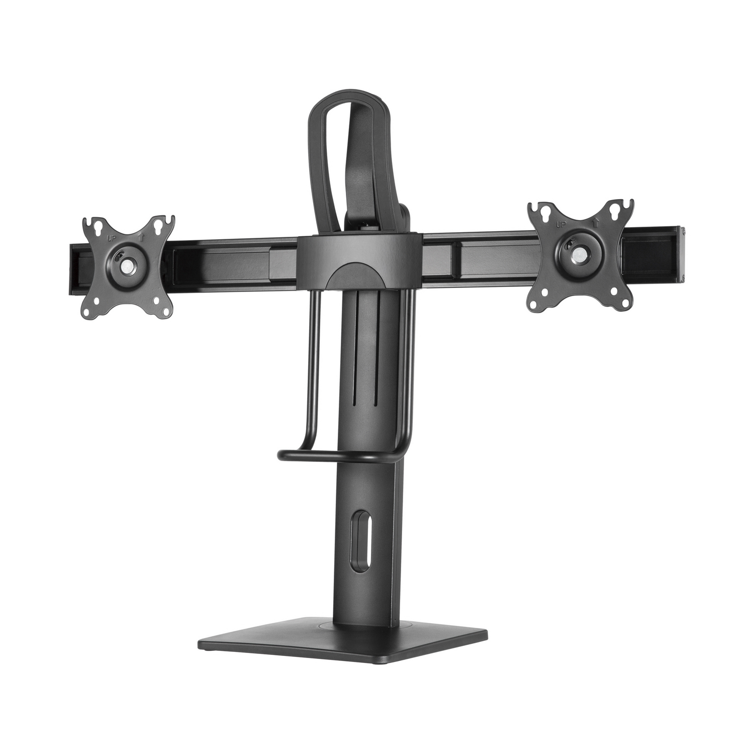 Un soporte negro para dos monitores. Tiene una base, un soporte vertical y una barra horizontal con dos soportes para monitores.