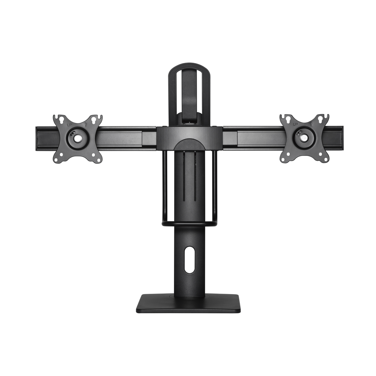Un soporte negro para dos monitores. Tiene una base, un soporte central y brazos horizontales con placas de montaje.