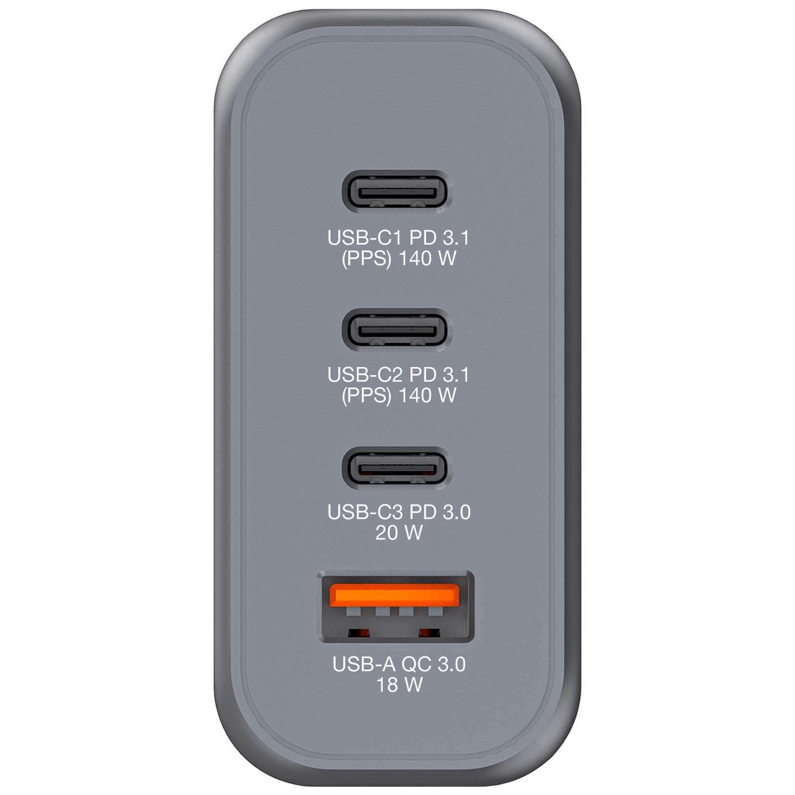 Graues Ladegerät mit vier Anschlüssen, beschriftet mit USB-C und USB-A, Angabe der Leistung in Watt.