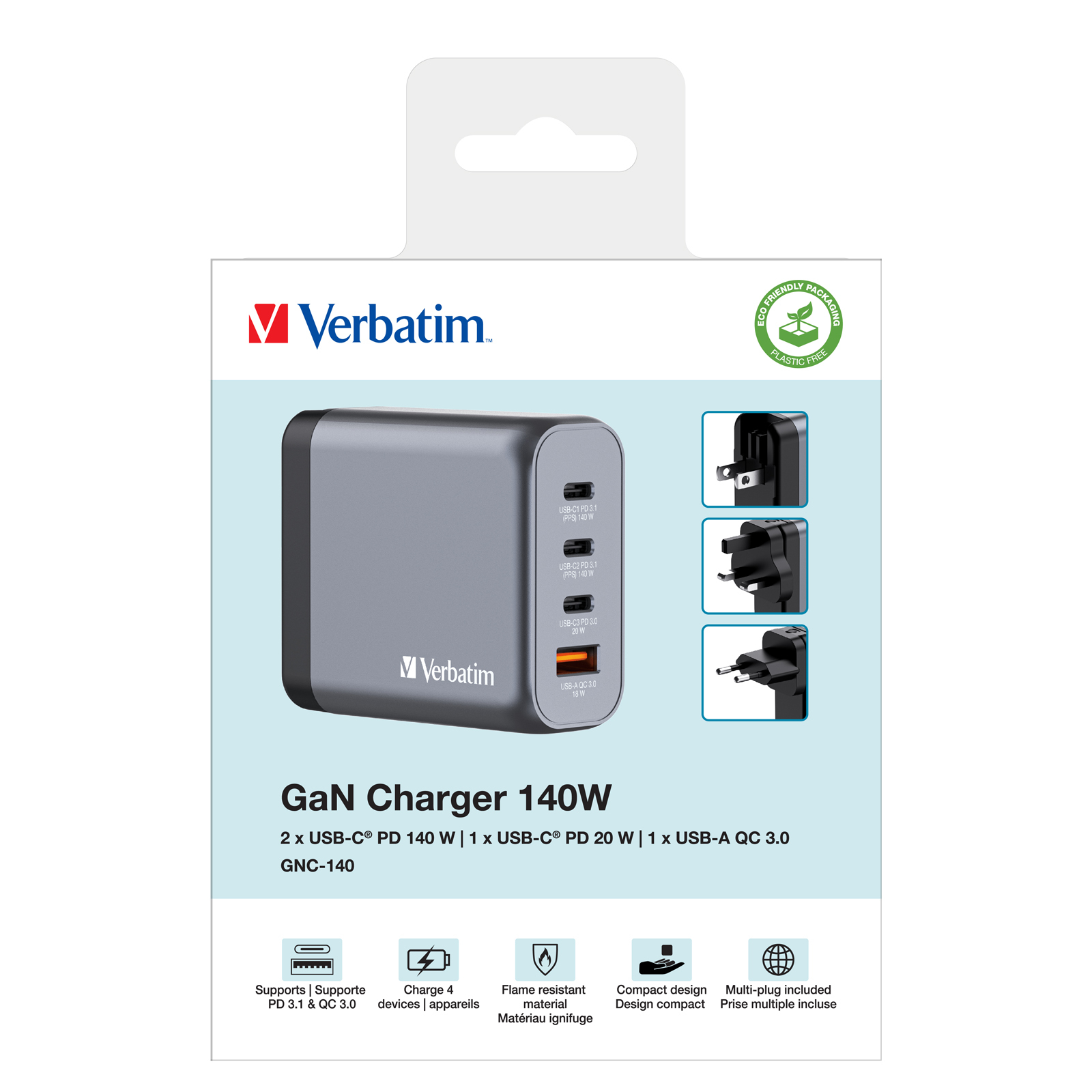 Ein graues Verbatim GaN-Ladegerät mit mehreren USB-Anschlüssen und verschiedenen Adaptersteckern, gekennzeichnet mit Leistungsausgängen.