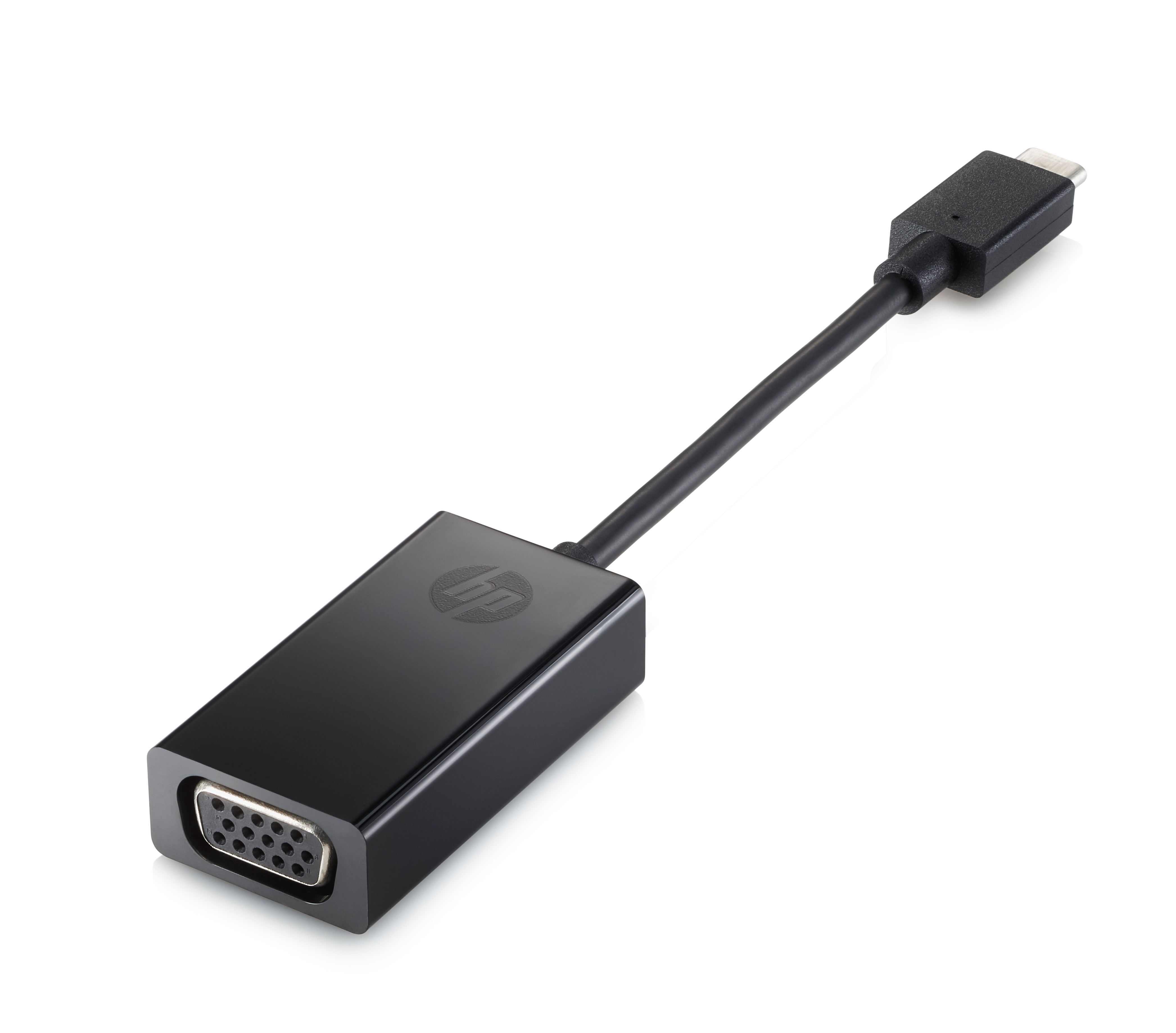 Adattatore HP nero. Presenta un connettore VGA, un cavo e un connettore USB-C. Lo sfondo è bianco.