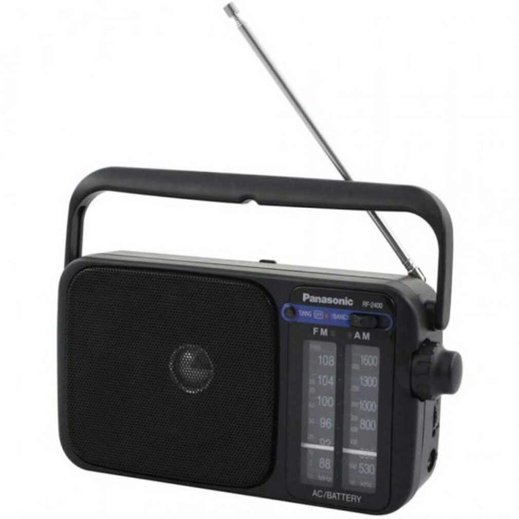 Una radio negra Panasonic RF-2400 con antena y asa. Tiene un sintonizador FM/AM y alimentación AC/batería.