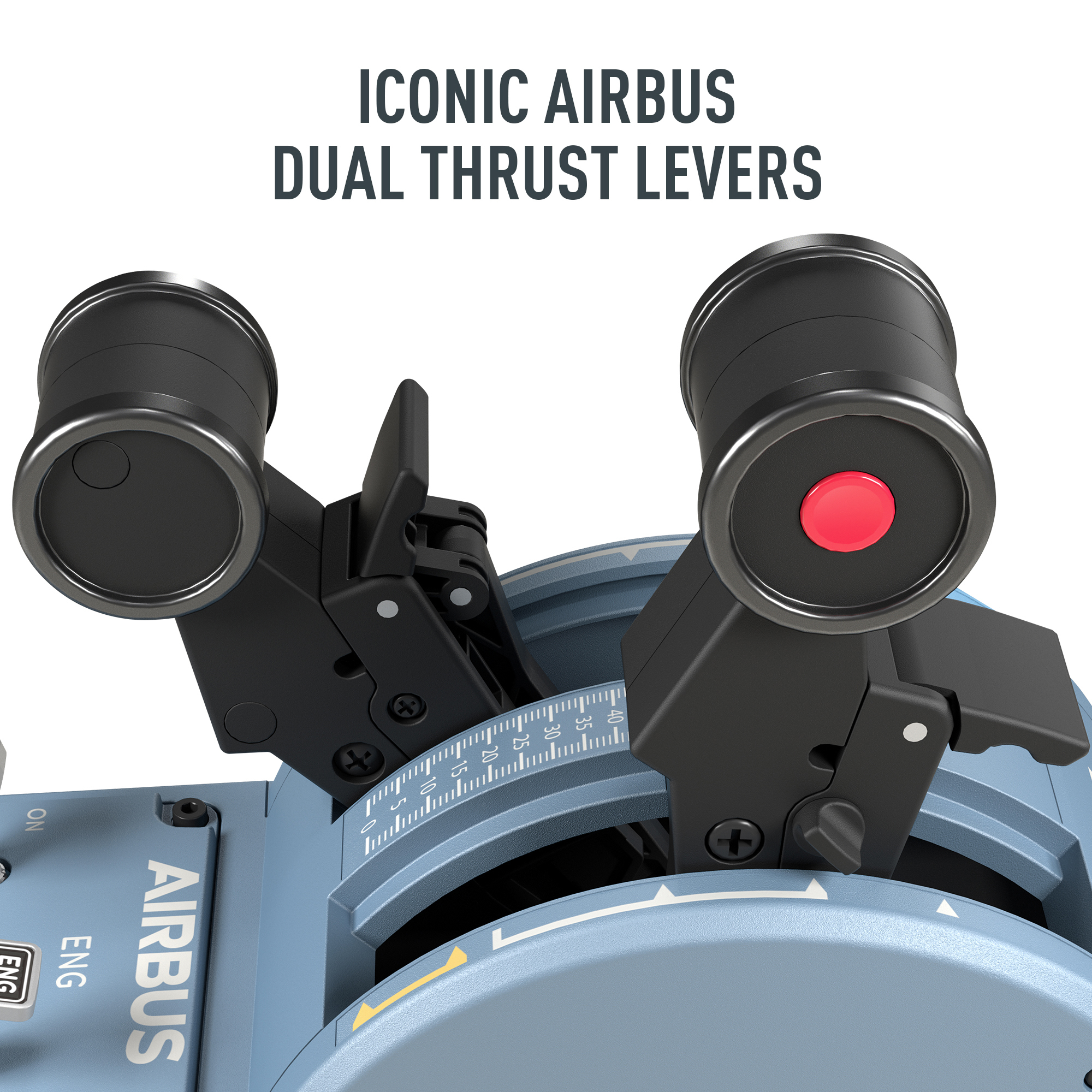 Close-up of Airbus dual thrust levers. Black handles with a red button, blue base with white markings, and white background.