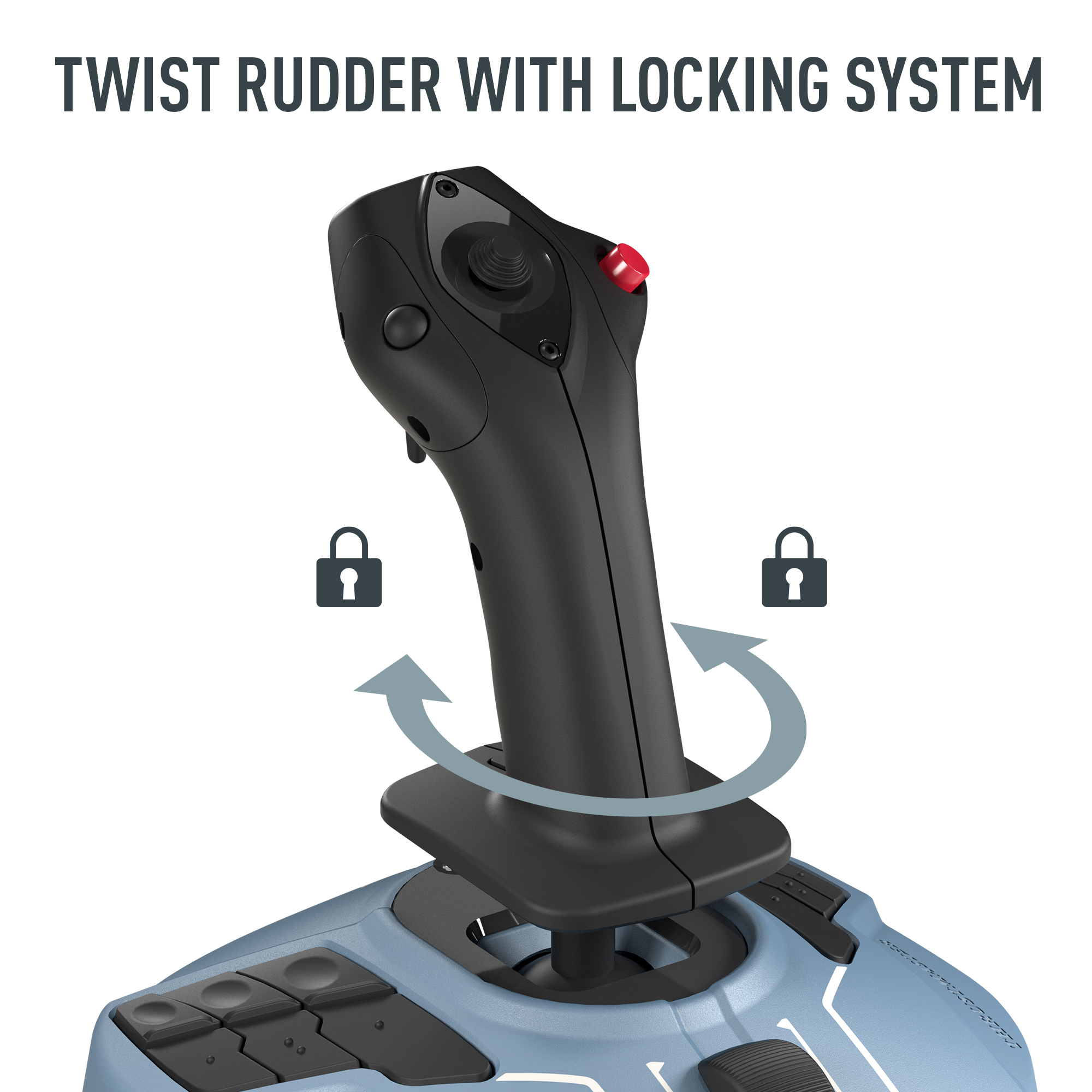 A joystick with a twist rudder and locking system is shown. The design is black and gray, with arrows indicating rotation.