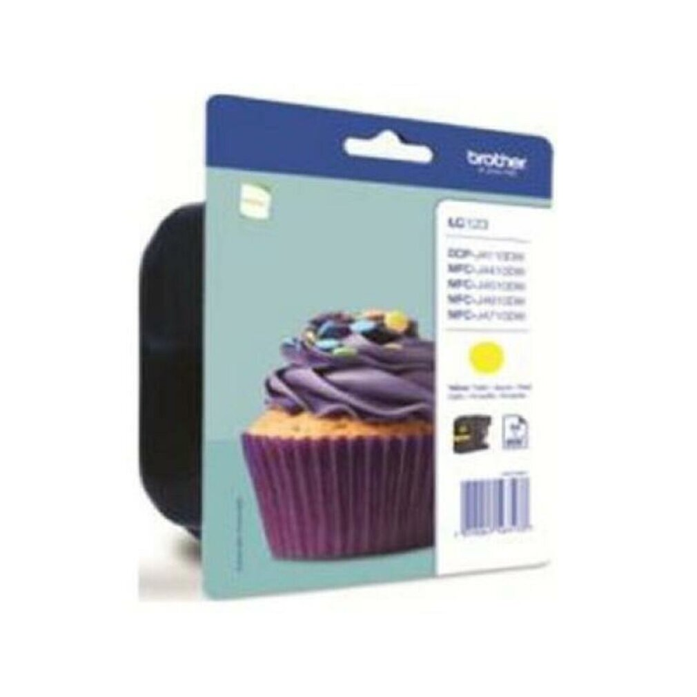 Opakowanie z wkładem atramentowym Brother. Ma obrazek babeczki z fioletowym lukrem. Opakowanie jest niebiesko-białe.