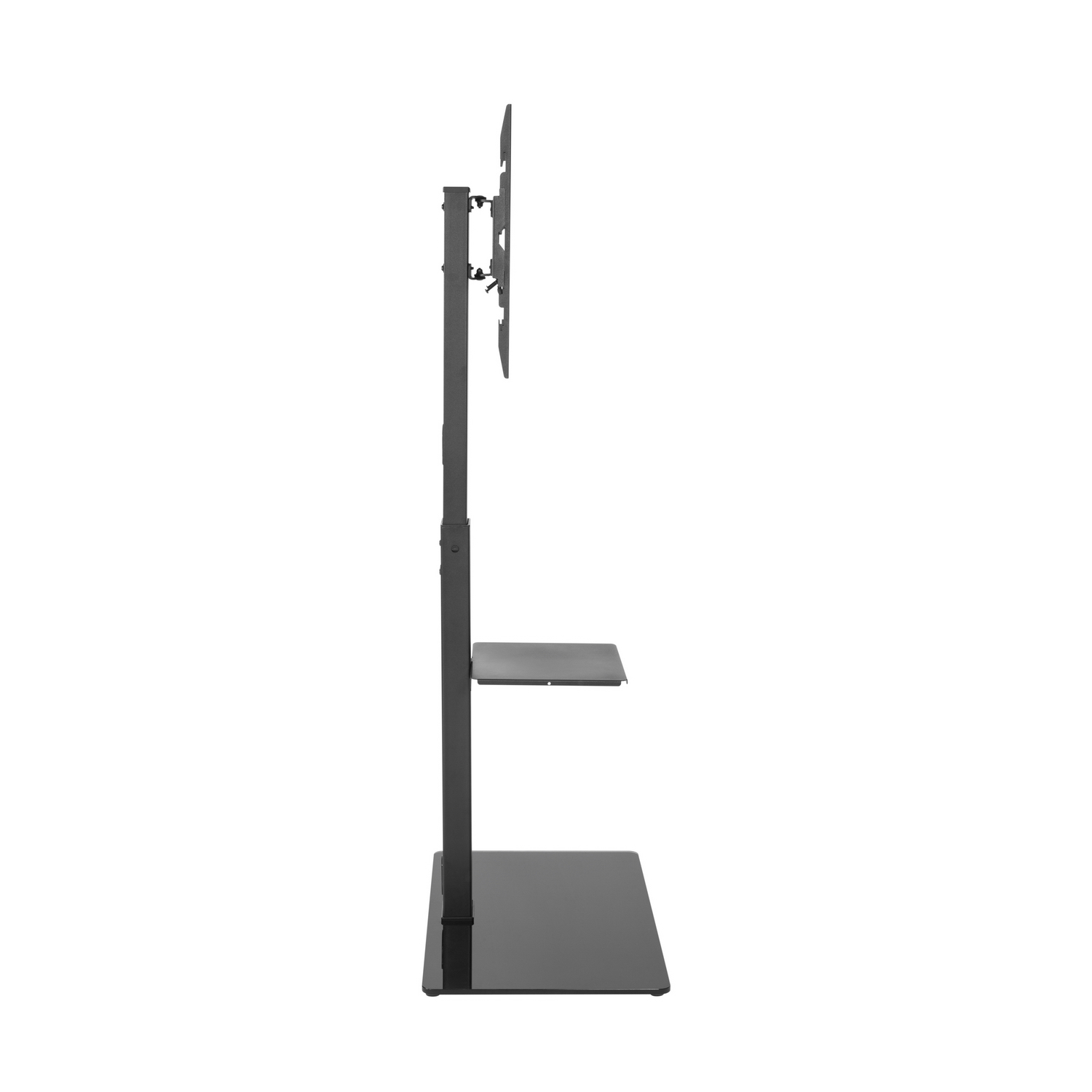 Un soporte de TV negro con un estante, una base plana y un soporte para un televisor. El soporte está sobre un fondo blanco.