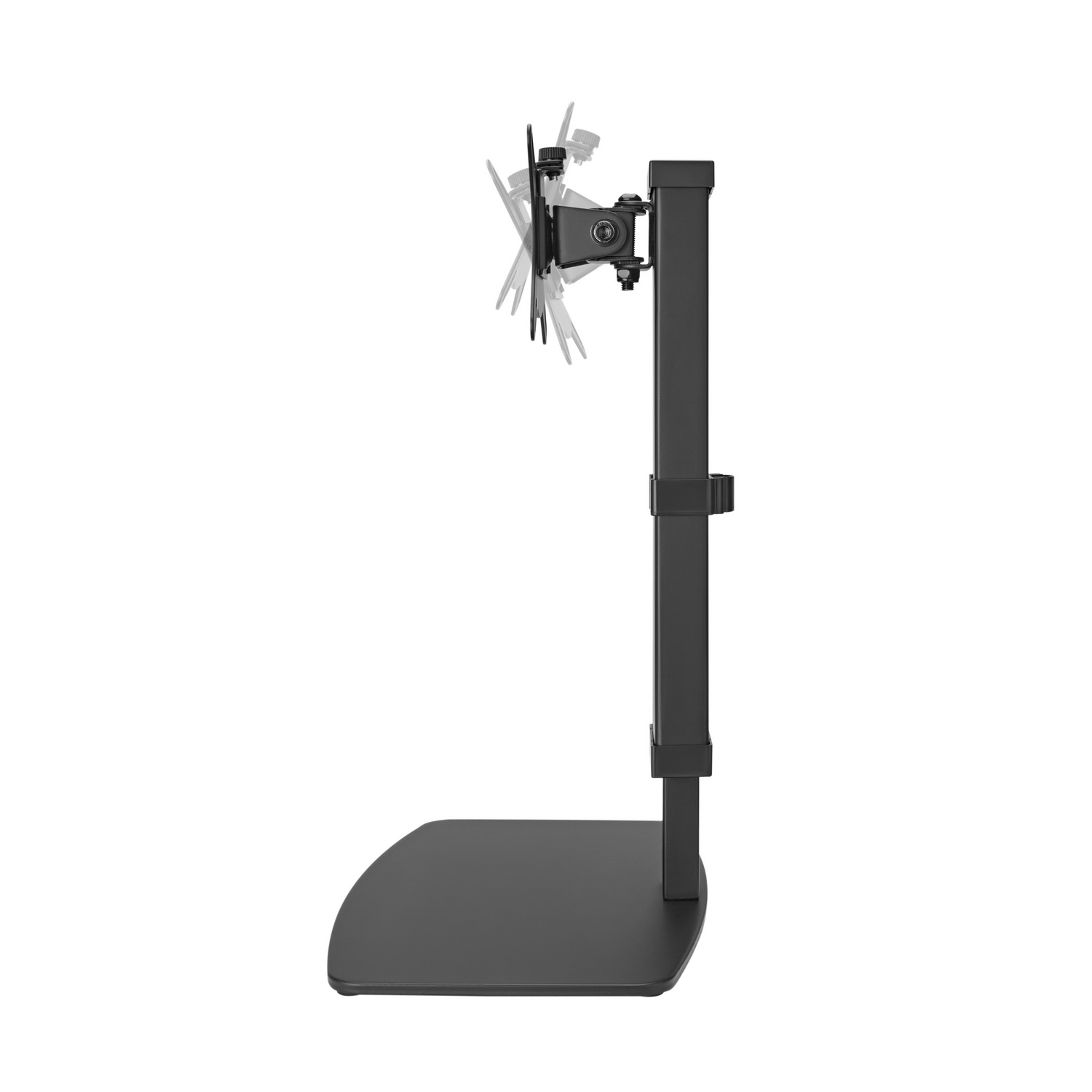 Un soporte de monitor negro y ajustable. Tiene una base, un poste vertical y un soporte para sujetar un monitor. El soporte está sobre un fondo blanco.
