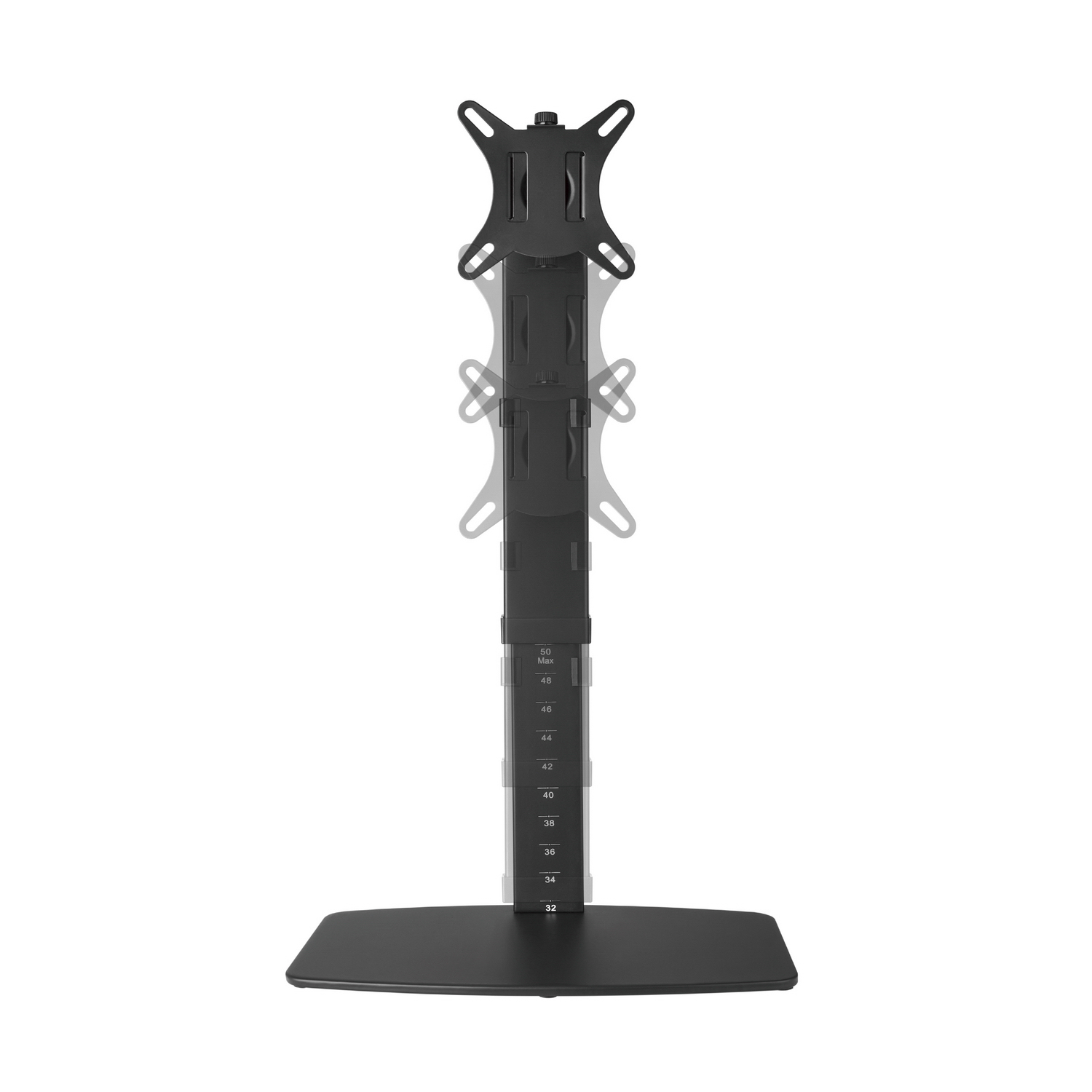 Un soporte negro para monitor sobre fondo blanco. Tiene una base, un poste ajustable con marcas y un soporte para pantalla.