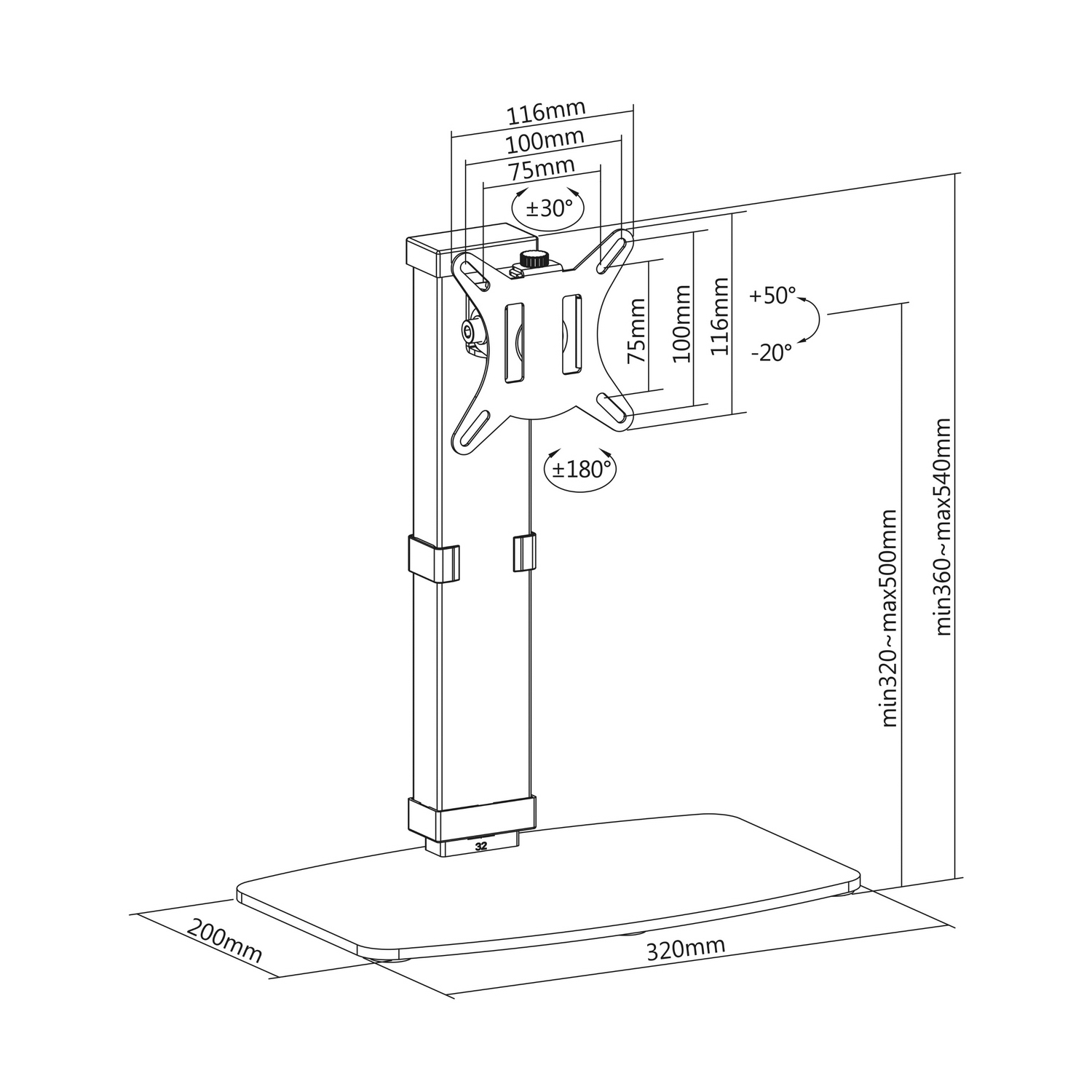 Diagrama de un soporte de monitor con dimensiones: 200mm, 320mm, 116mm, 100mm, 75mm. Ángulos: ±30°, ±180°, +50°/-20°.